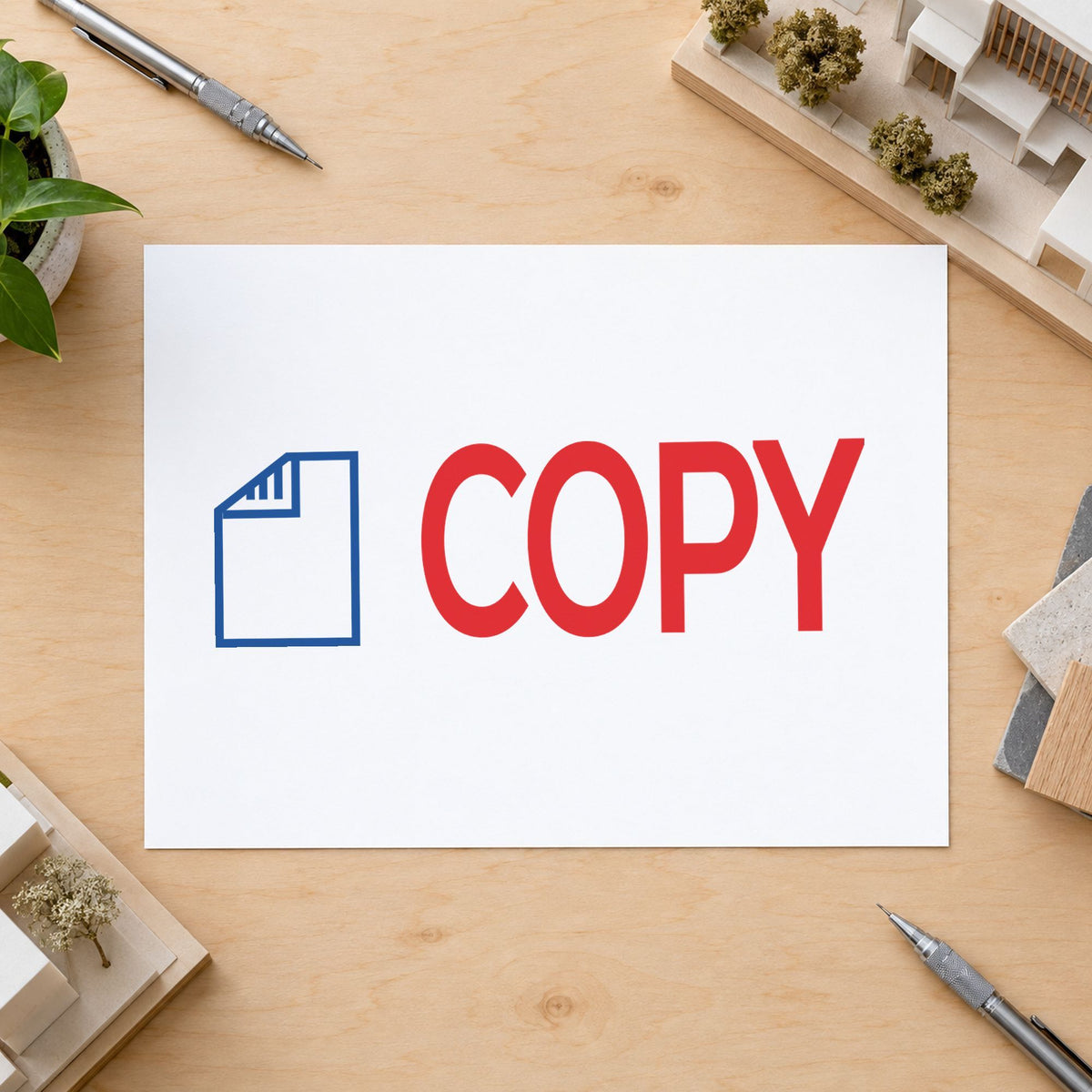 Pre-inked "Copy" stamp applied to a document, Approximately 1/2 in tall x 1-5/8 in wide impression