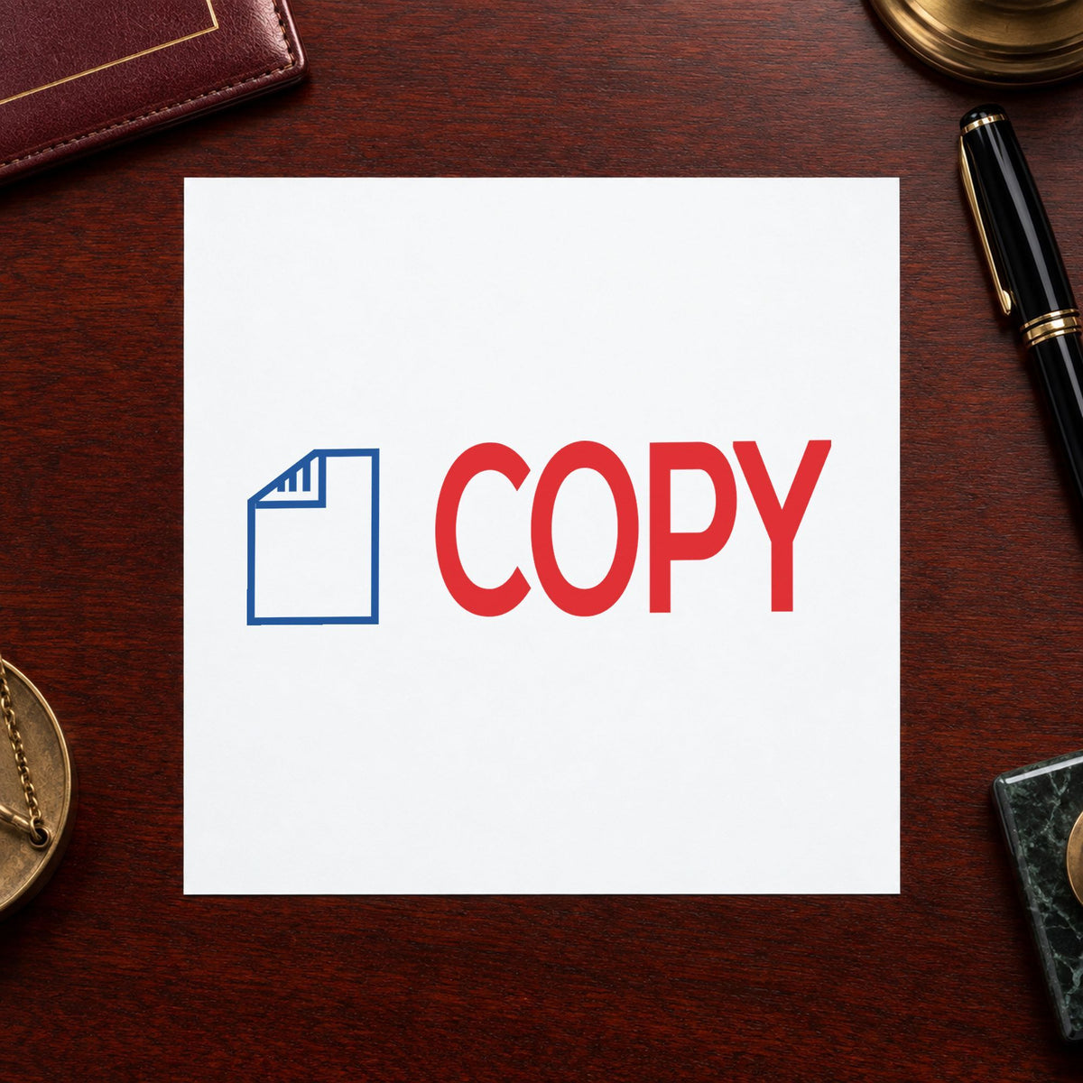 Pre-inked "Copy" stamp marking paperwork in an office setting