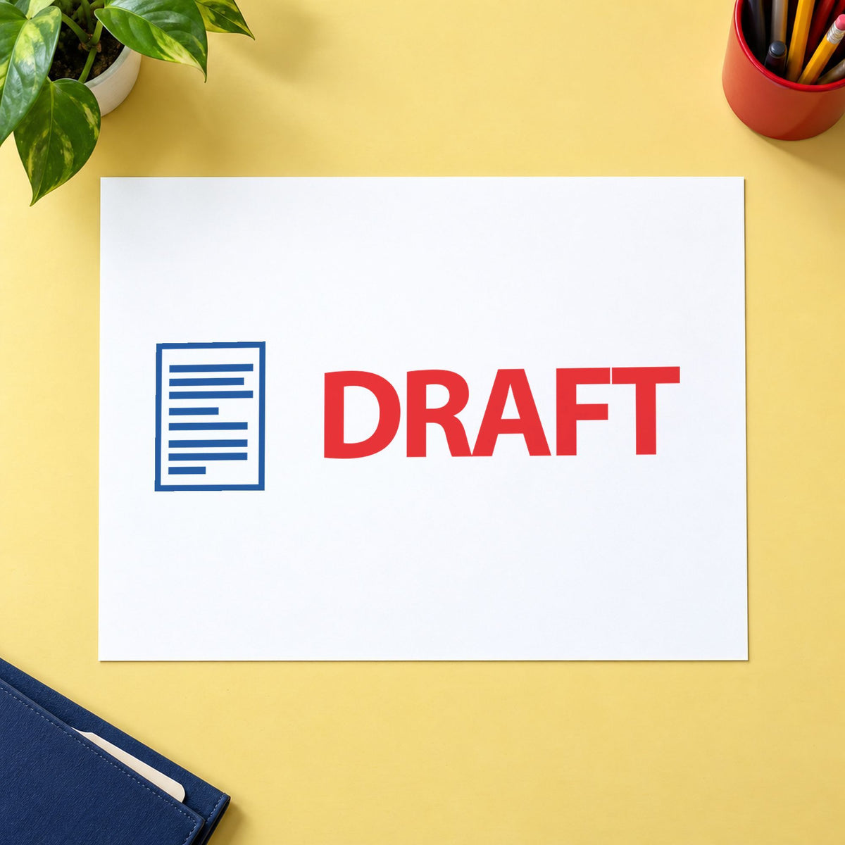 Pre-inked "Draft" stamp marking paperwork in an office setting