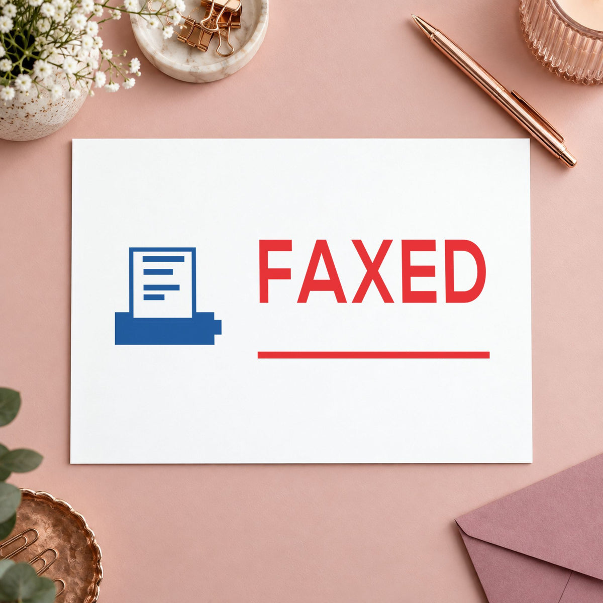 "Faxed" Xstamper stamp in use on paper, Approximately 1/2 in tall x 1-5/8 in wide rectangle imprint