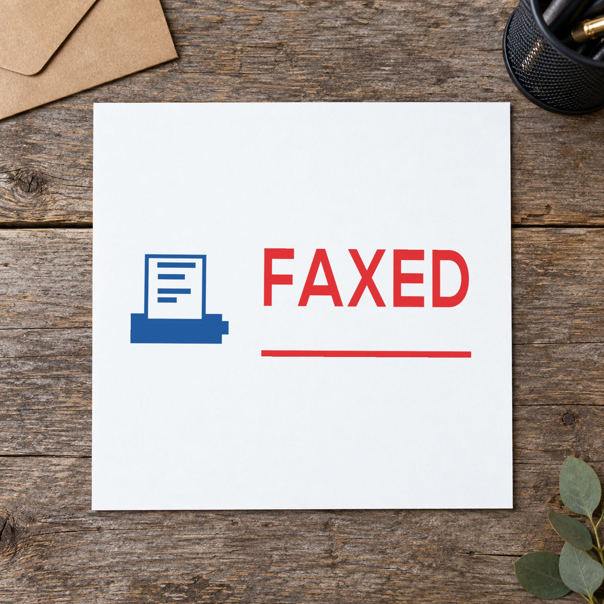 Pre-inked "Faxed" stamp applied to a document, Approximately 1/2 in tall x 1-5/8 in wide impression
