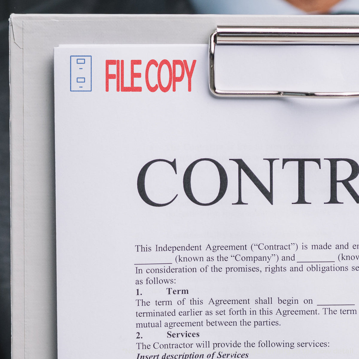 "File copy" pre-inked imprint on a page, rectangle shape at Approximately 1/2 in tall x 1-5/8 in wide