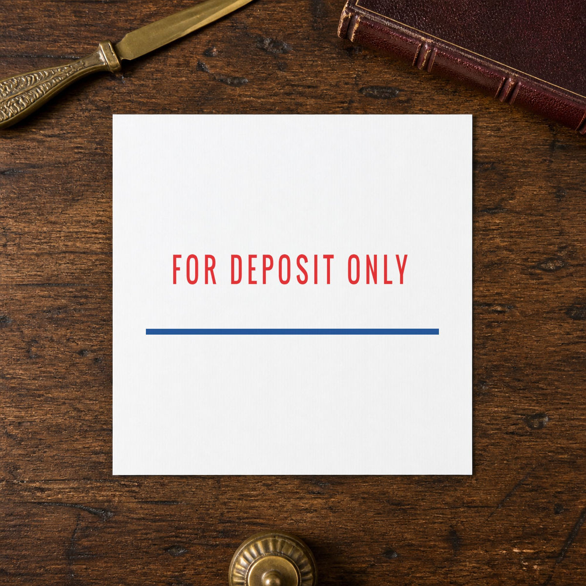 "For deposit only" Xstamper No. 2035 stamp shown in everyday handling