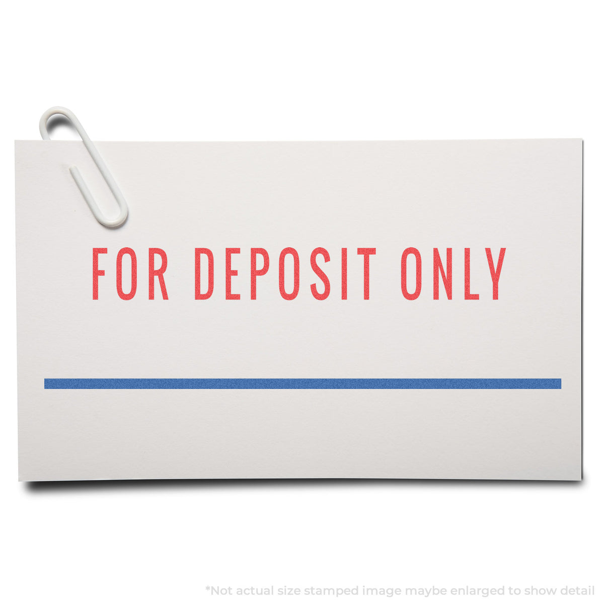 "For deposit only" stamp and its crisp 1/2 x 1-5/8 in impression on paper