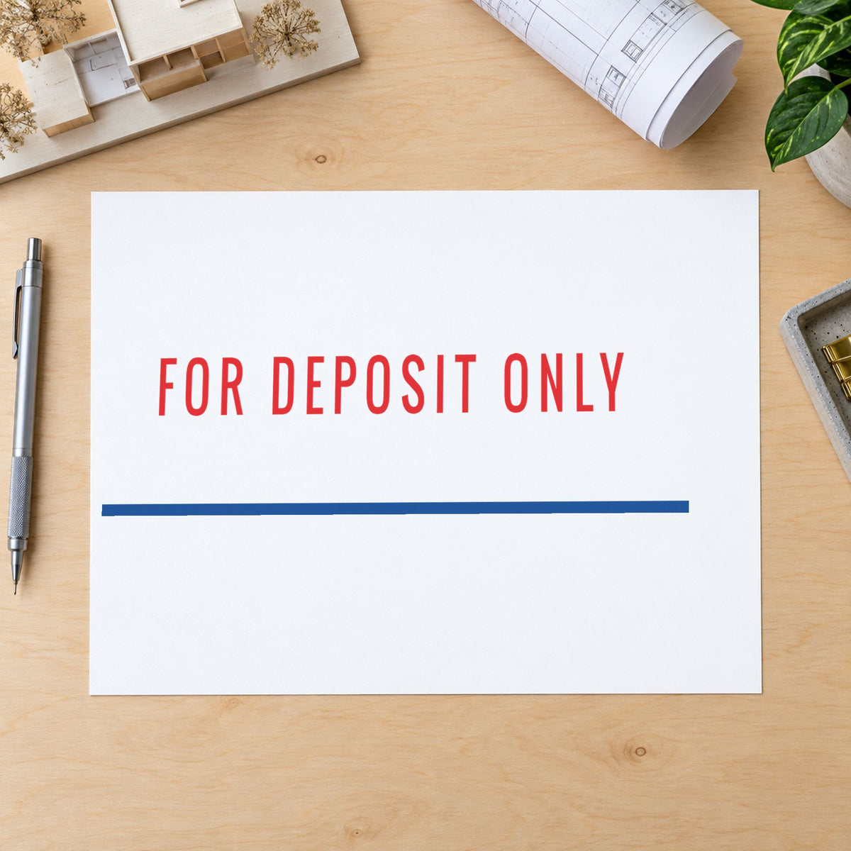 "For deposit only" imprint on a printed page, Xstamper No. 2035