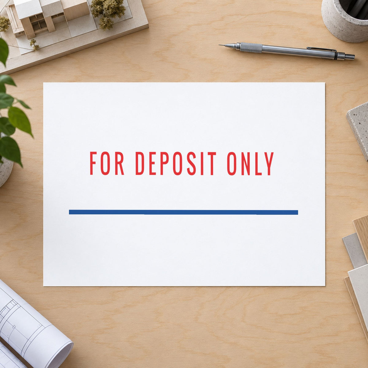 "For deposit only" Xstamper stamp at work on everyday office paperwork