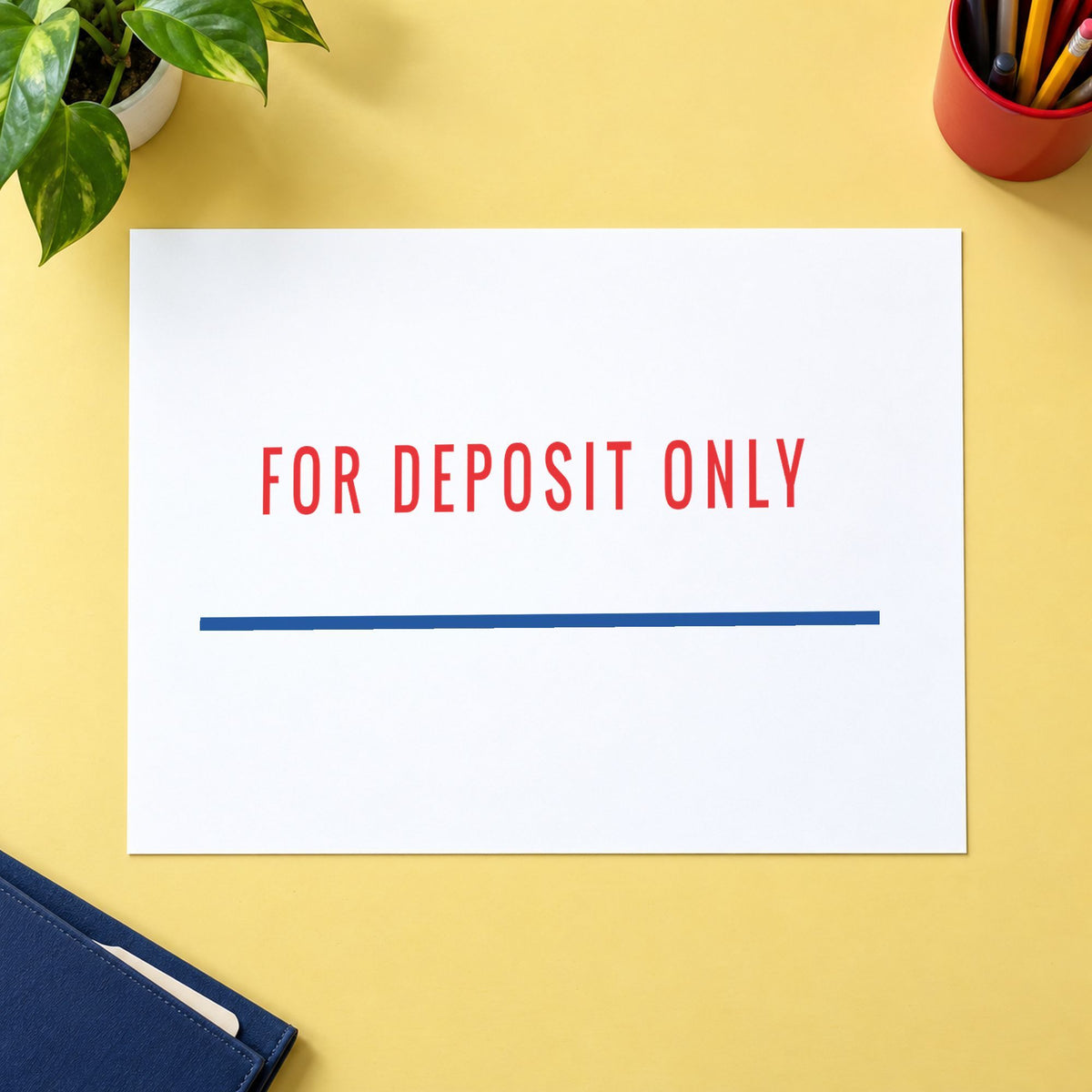 "For deposit only" stamp pressed on paper, no separate ink pad needed