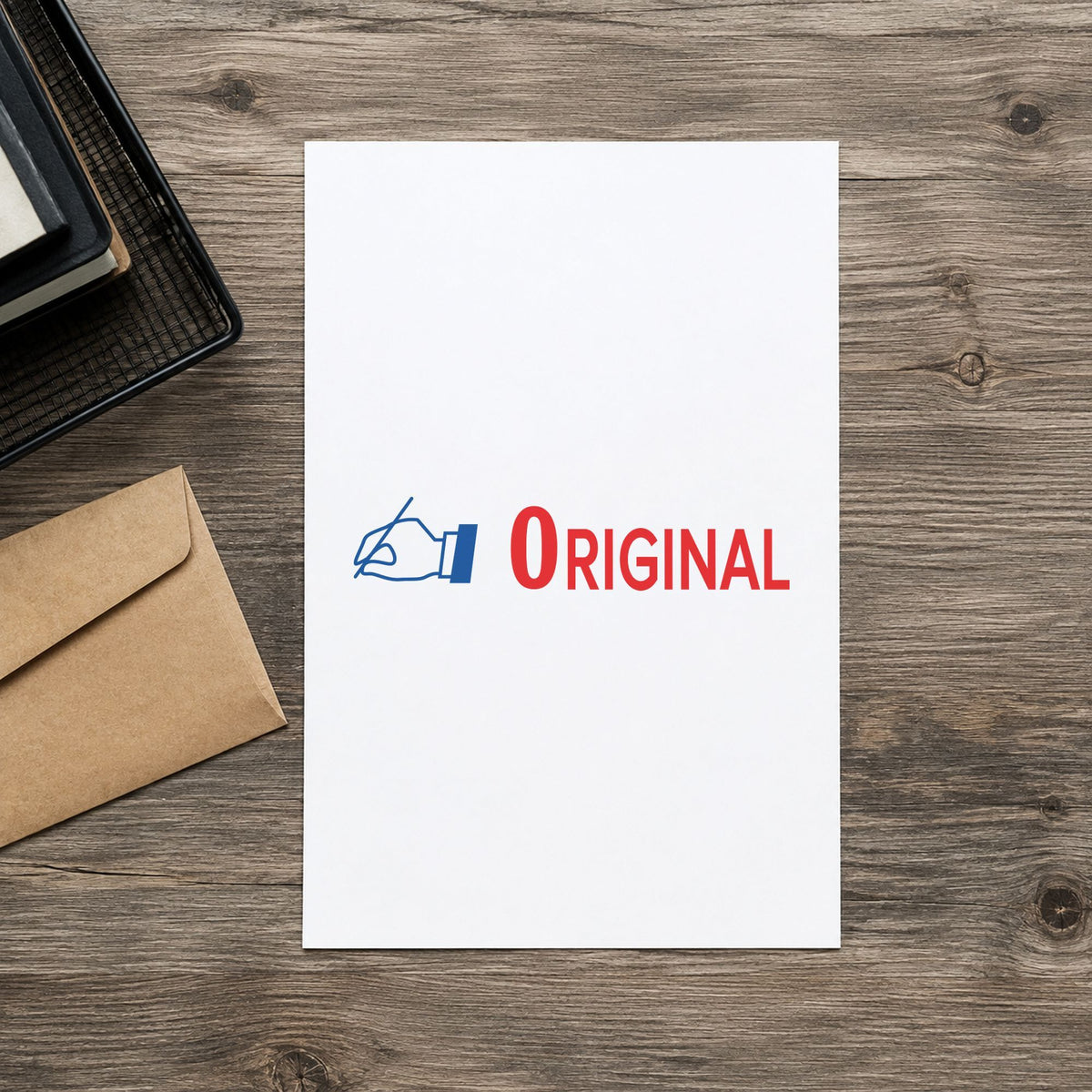 "Original" Xstamper stamp in use on paper, Approximately 1/2 in tall x 1-5/8 in wide rectangle imprint