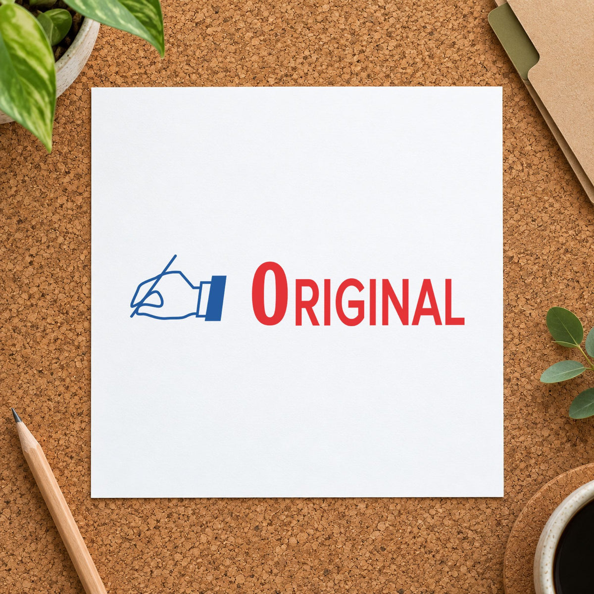 "Original" Xstamper pre-inked stamp beside its rectangle imprint