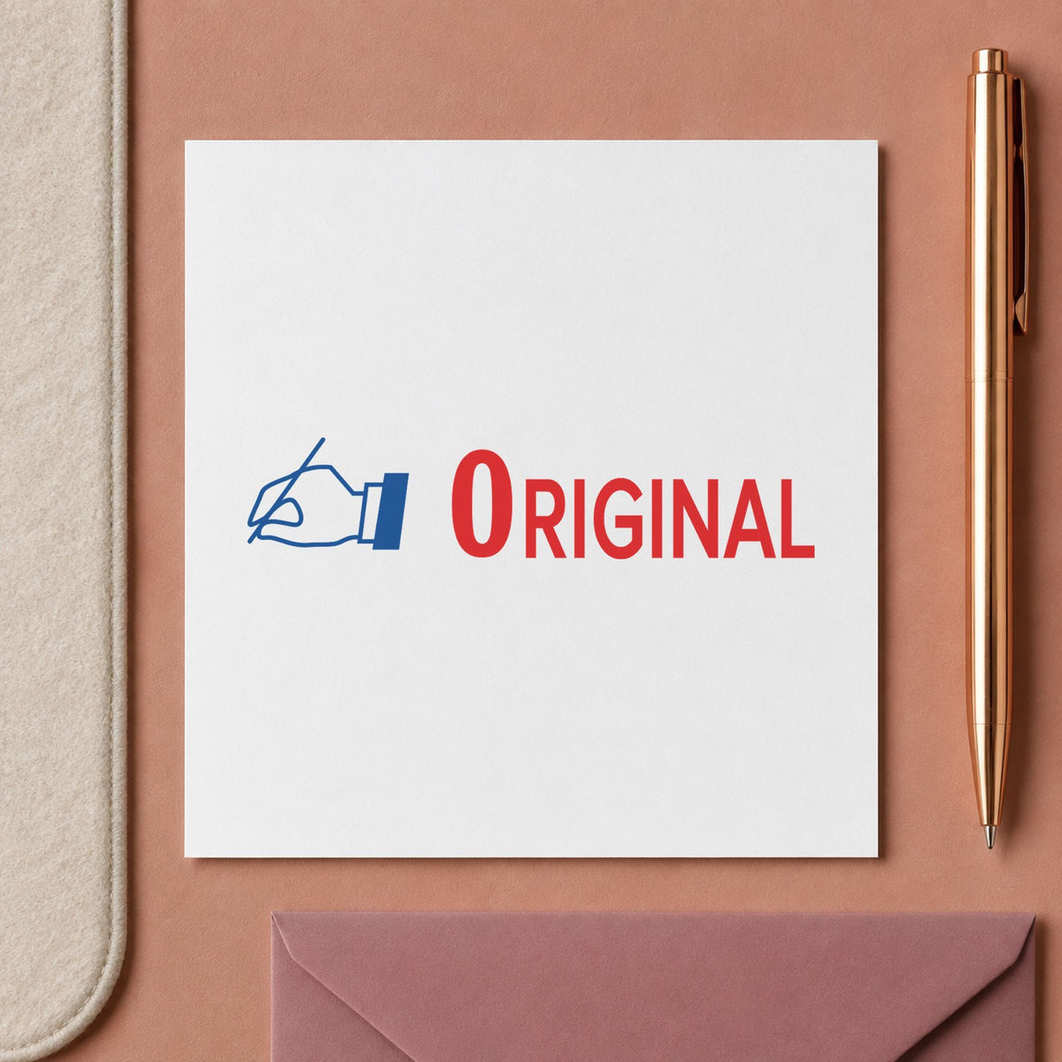 Pre-inked "Original" stamp marking paperwork in an office setting