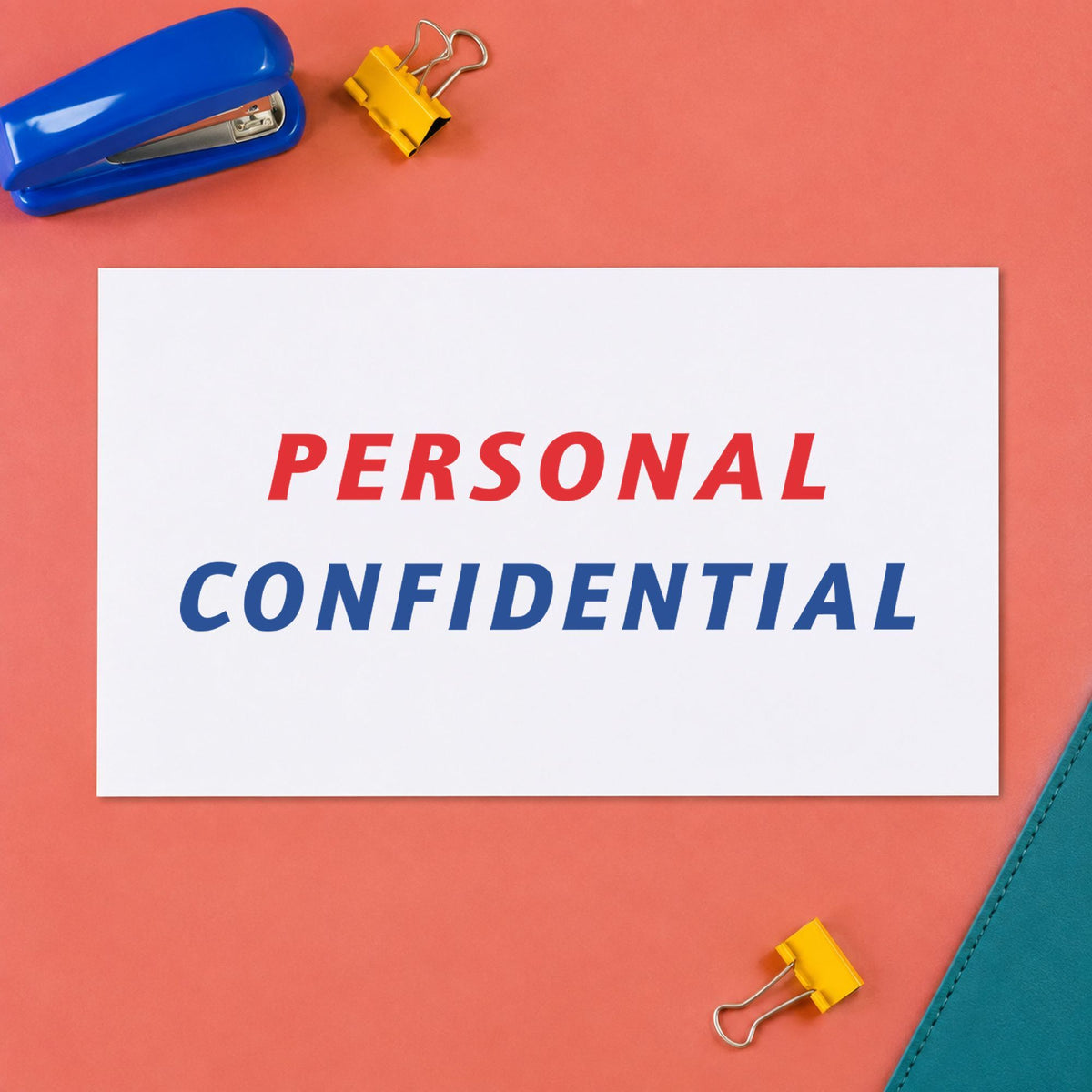 "Personal" Xstamper stamp in use on paper, Approximately 1/2 in tall x 1-5/8 in wide rectangle imprint