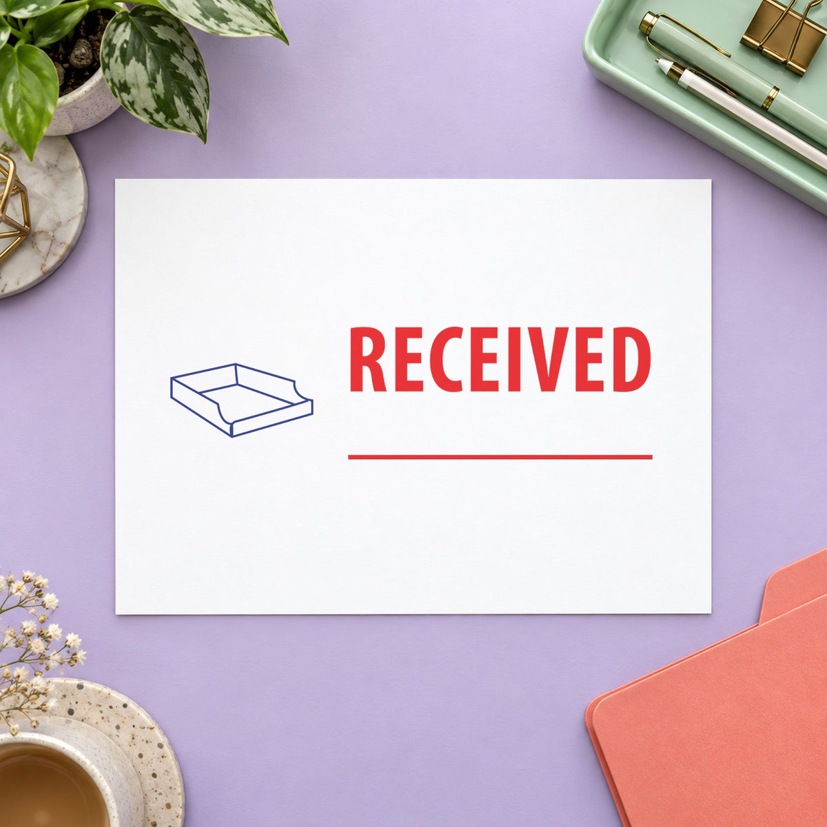 Pre-inked "Received" stamp applied to a document, Approximately 1/2 in tall x 1-5/8 in wide impression