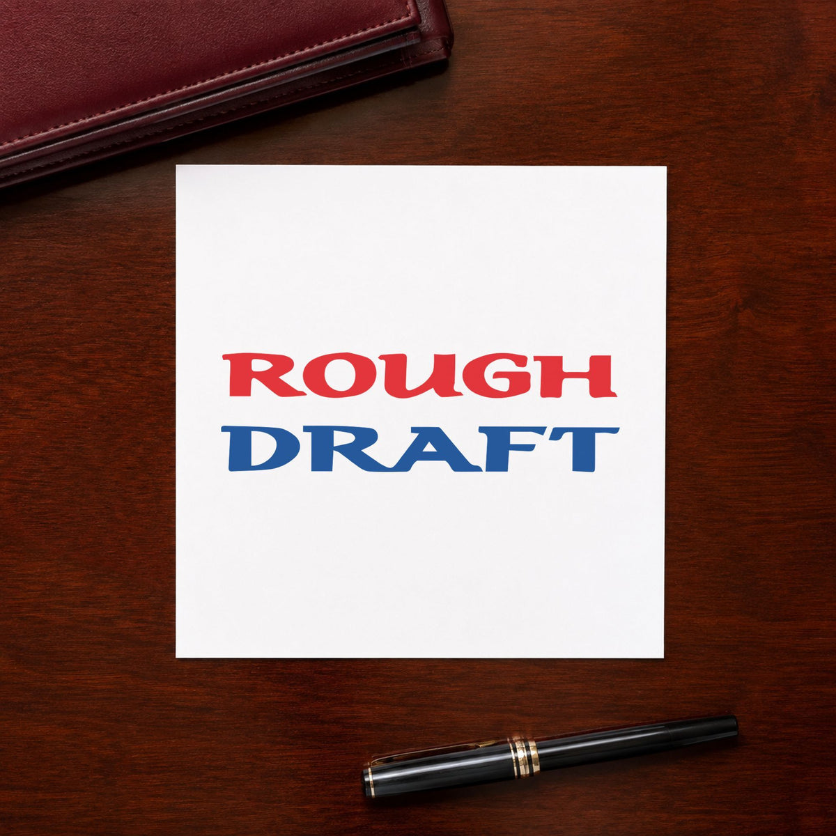 "Rough draft" Xstamper stamp in use on paper, 1/2 x 1-5/8 in rectangle imprint