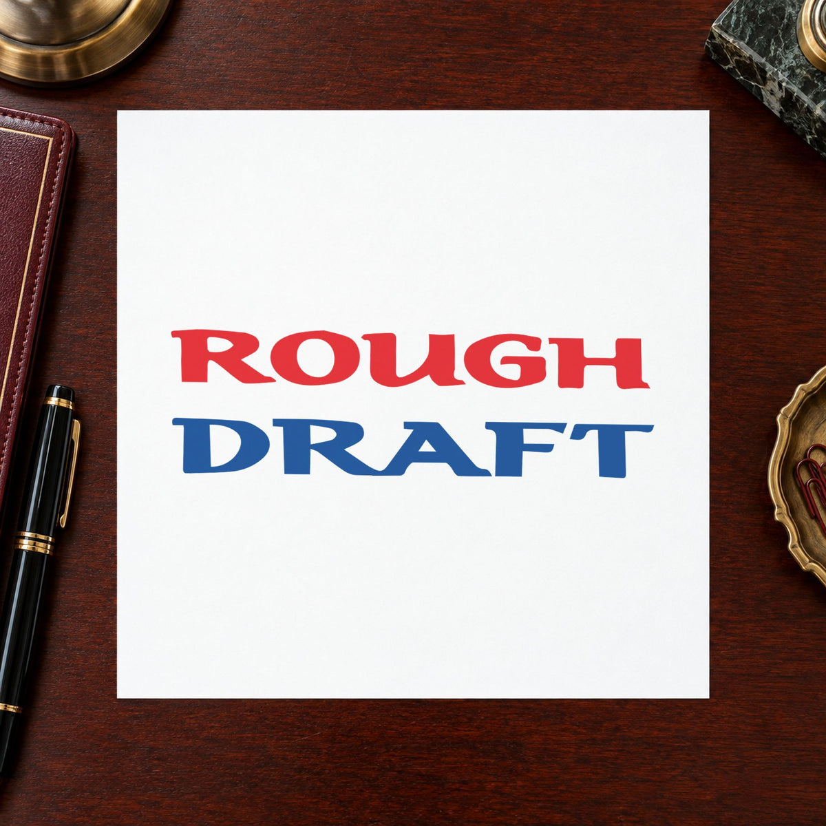 Pre-inked "Rough draft" stamp marking paperwork in an office setting
