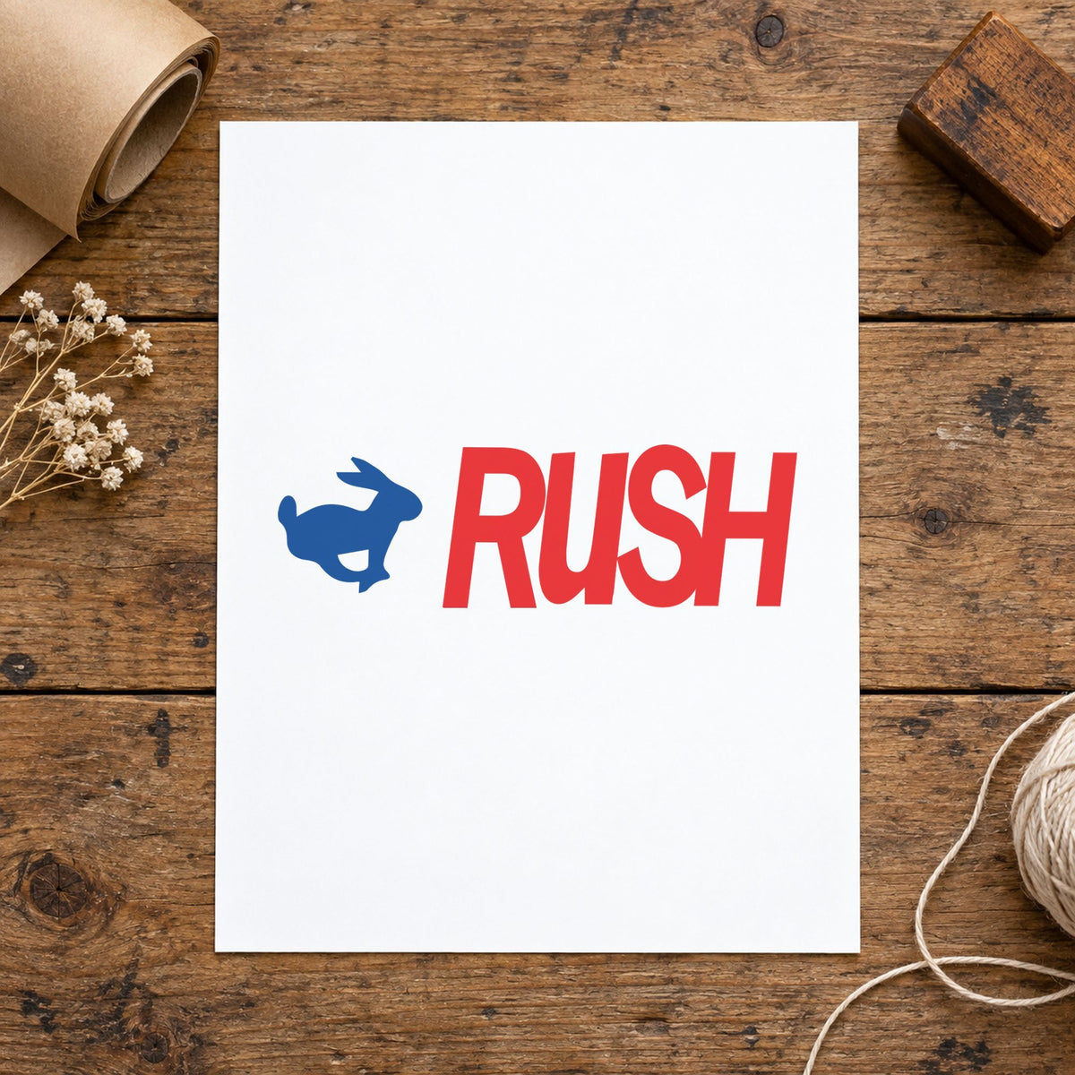 "Rush" Xstamper stamp in use on paper, Approximately 1/2 in tall x 1-5/8 in wide rectangle imprint