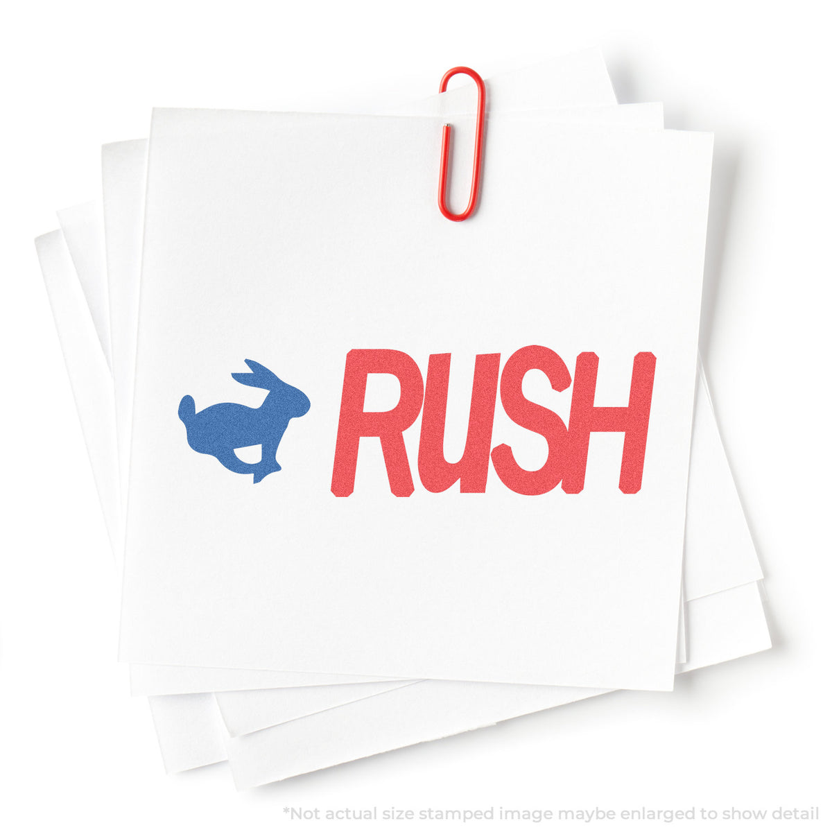 "Rush" stamp and its crisp Approximately 1/2 in tall x 1-5/8 in wide impression on paper