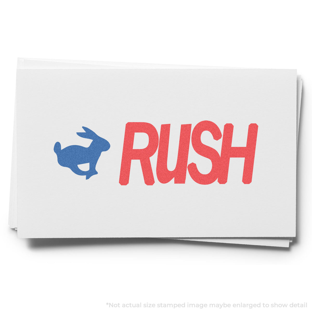 "Rush" pre-inked imprint on a page, rectangle shape at Approximately 1/2 in tall x 1-5/8 in wide