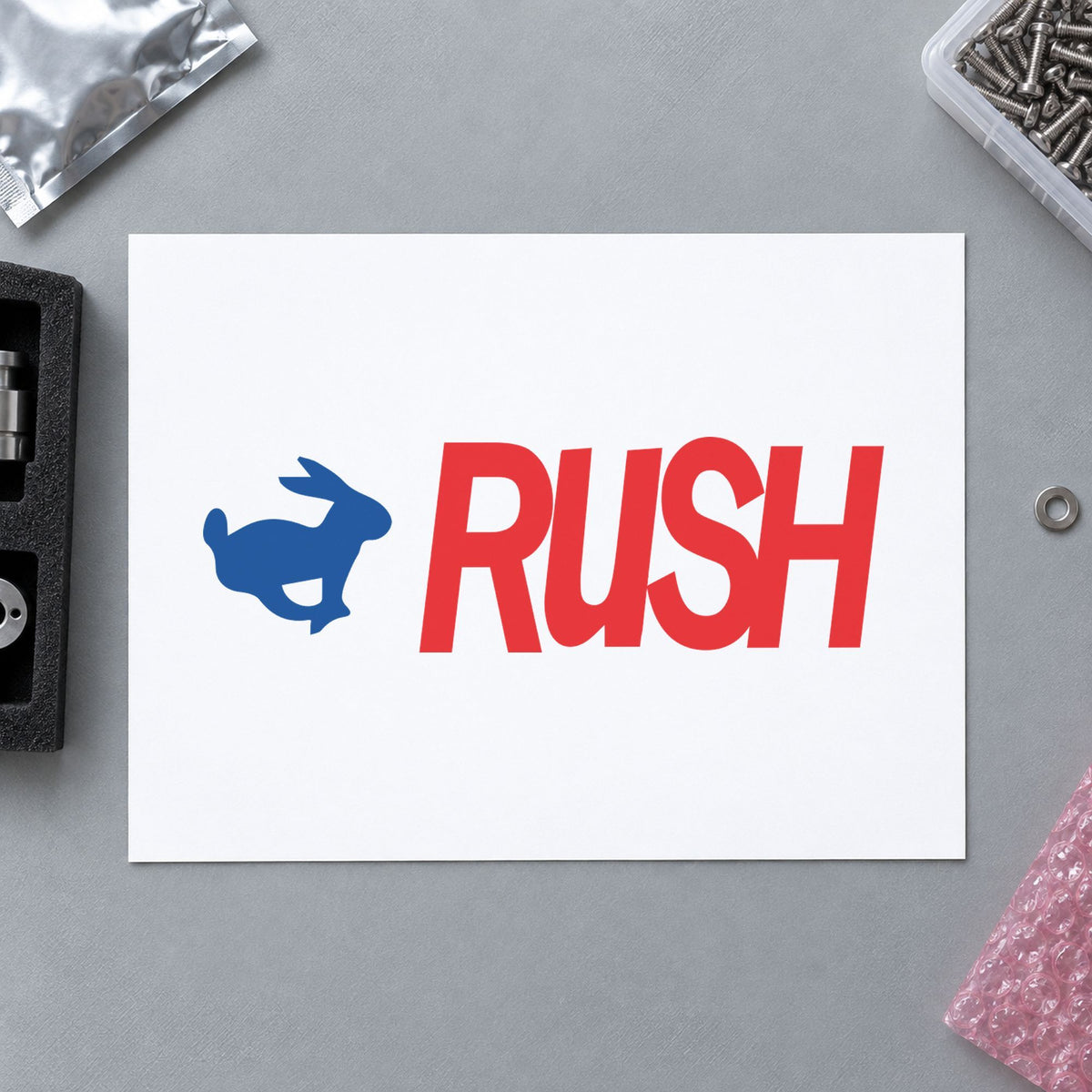 "Rush" imprint on a printed page, Xstamper No. 2040