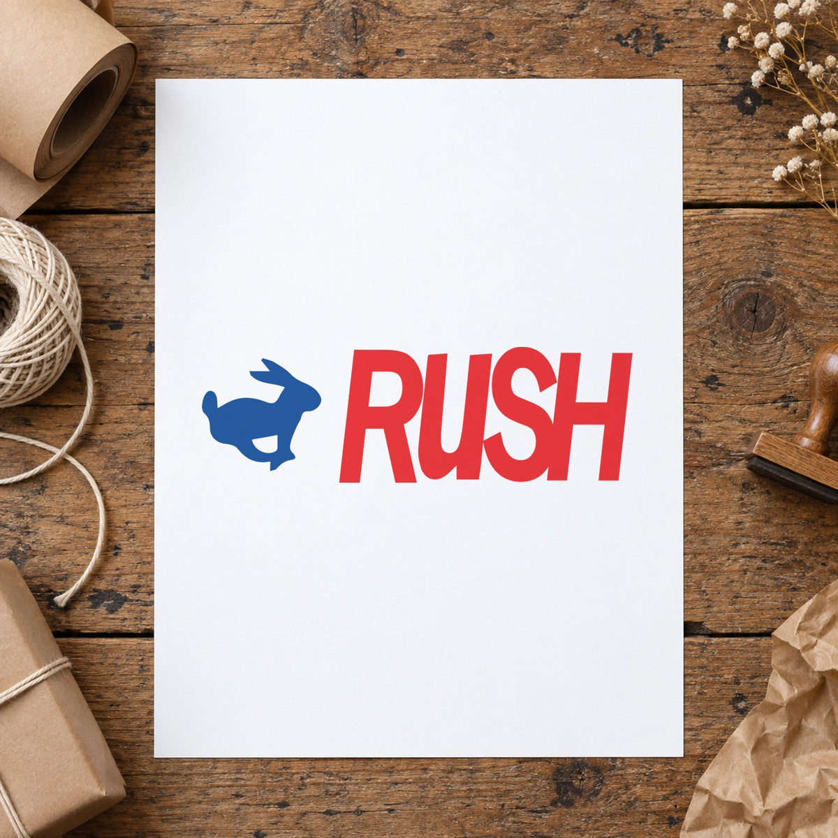 "Rush" stamp pressed on paper, no separate ink pad needed