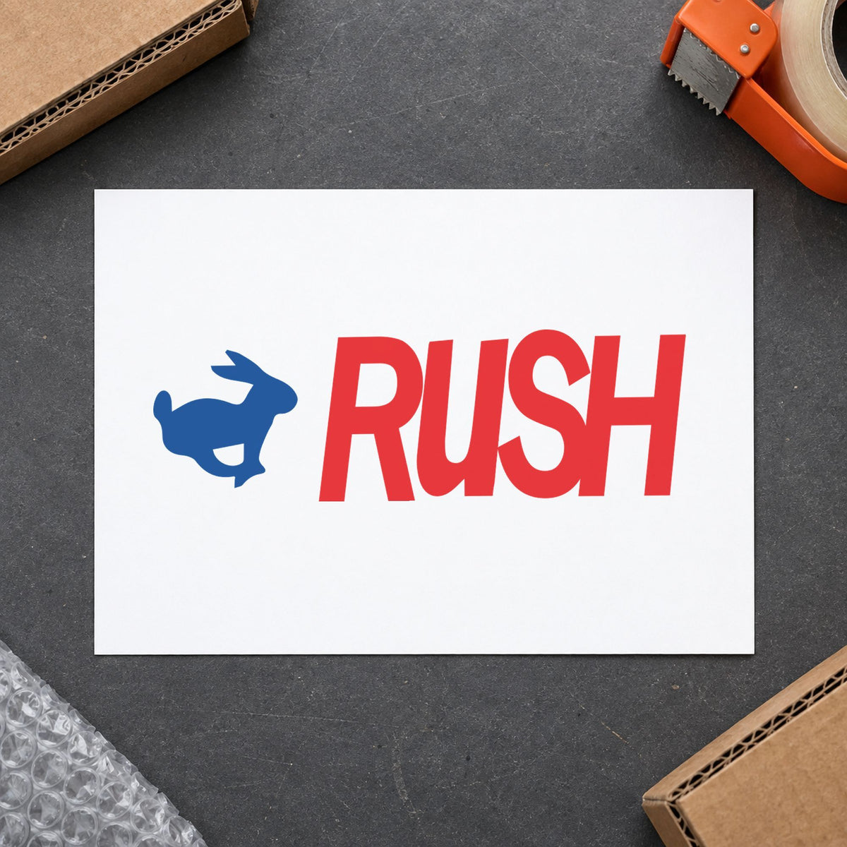 "Rush" imprint sized Approximately 1/2 in tall x 1-5/8 in wide on a document page