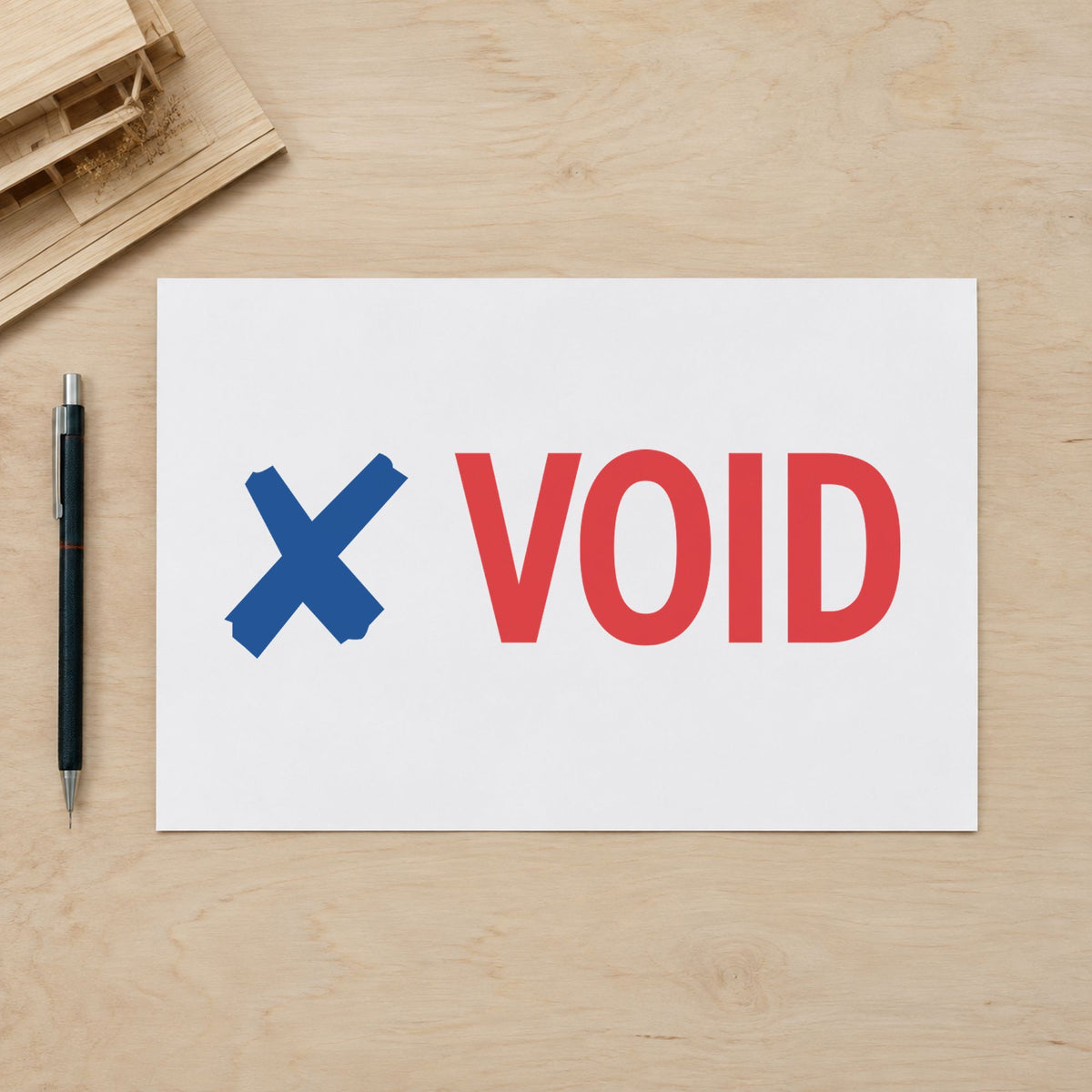 "Void" Xstamper stamp in use on paper, 1/2 x 1-5/8 in rectangle imprint