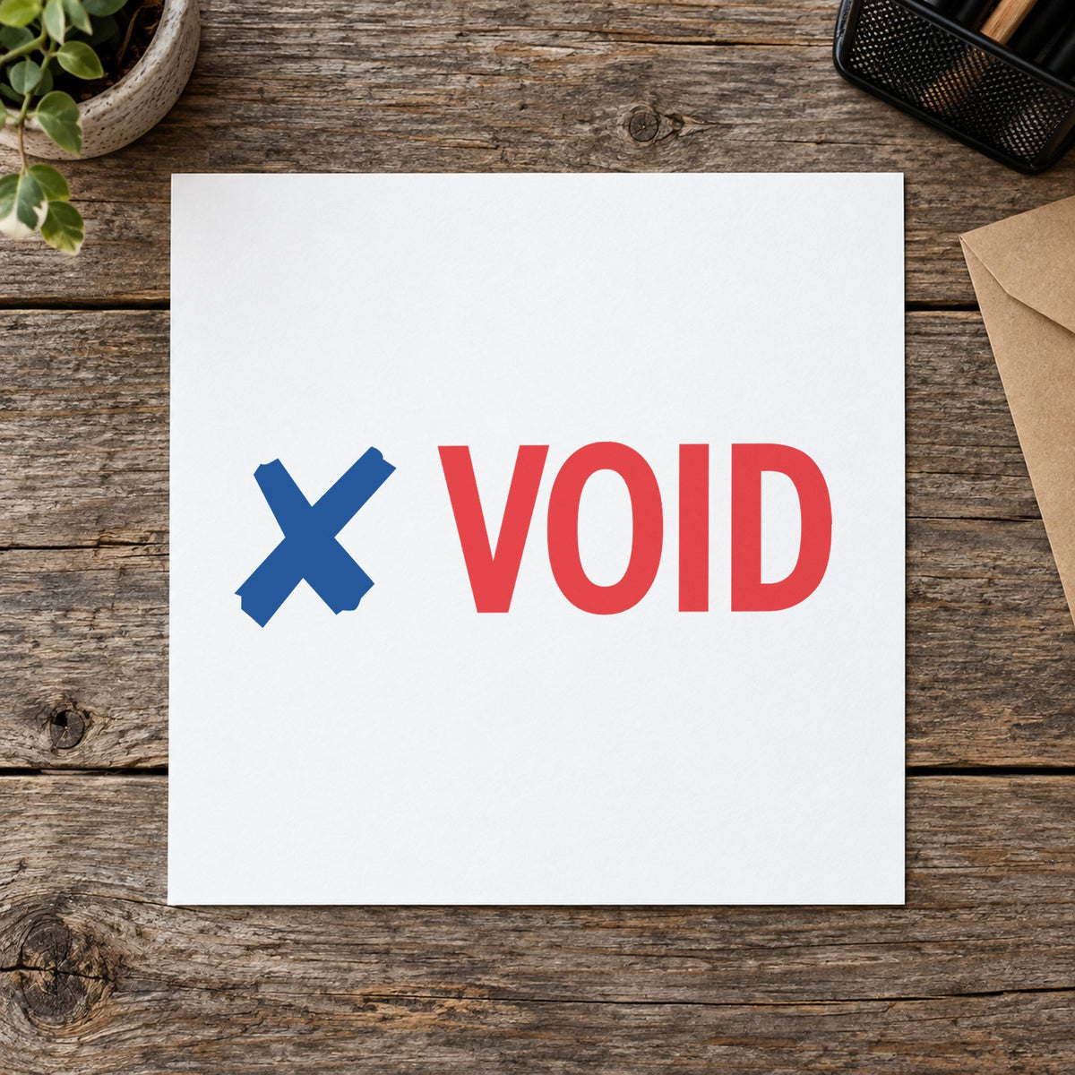 Pre-inked "Void" stamp applied to a document, 1/2 x 1-5/8 in impression