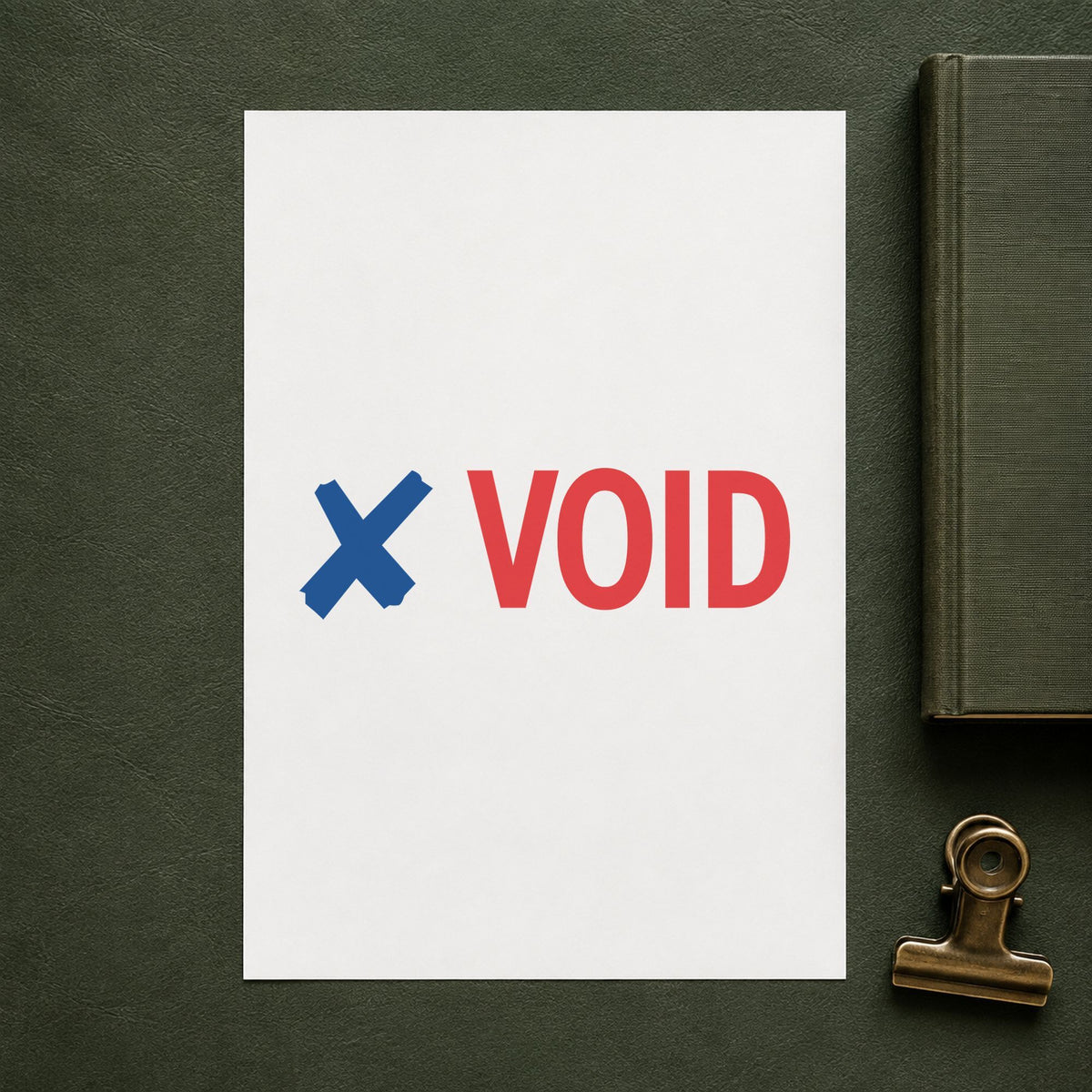 Pre-inked "Void" stamp marking paperwork in an office setting