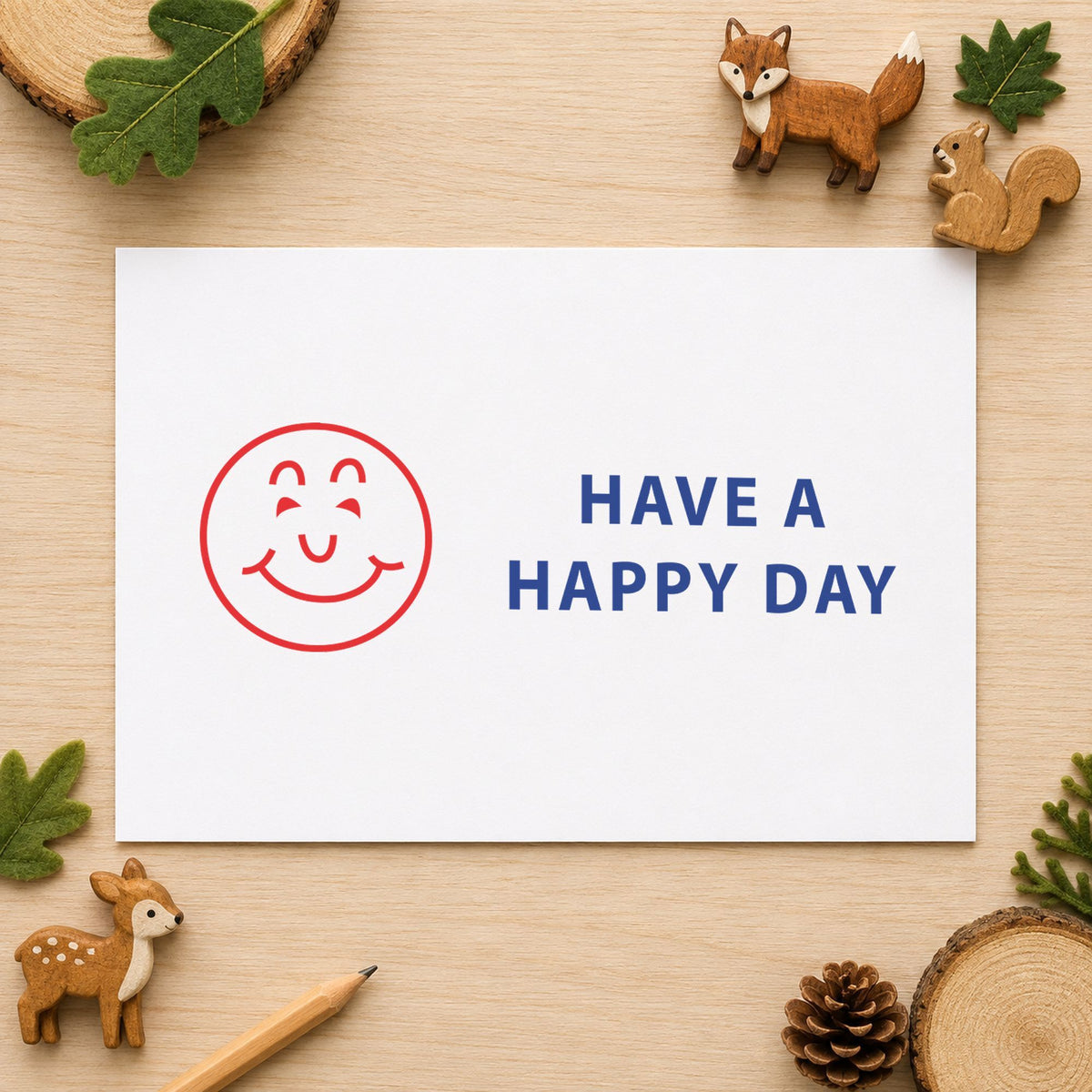 Pre-inked "Have a happy day" stamp marking paperwork in an office setting