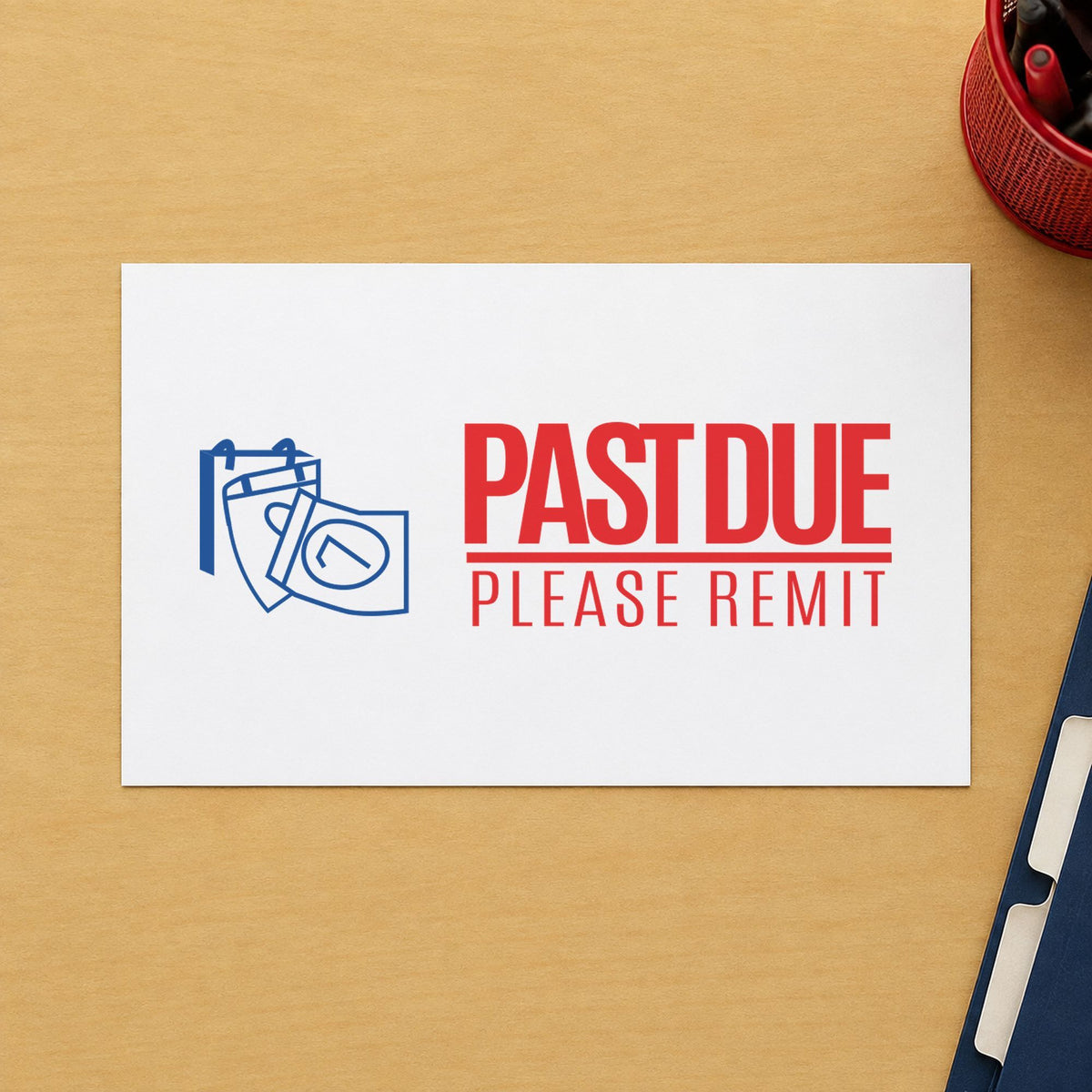 "Past due please remit" Xstamper No. 2049 stamp shown in everyday handling