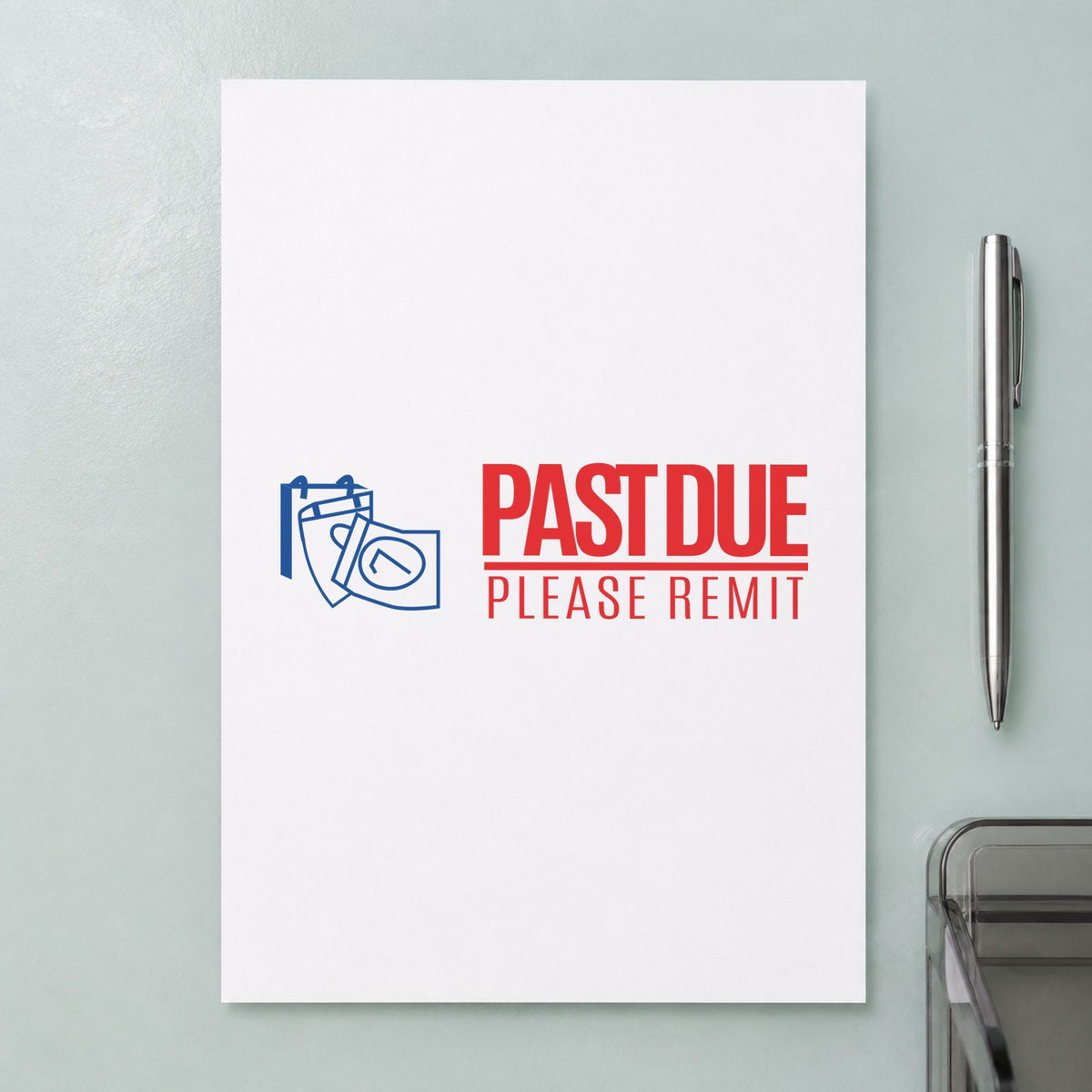 "Past due please remit" Xstamper stamp at work on everyday office paperwork
