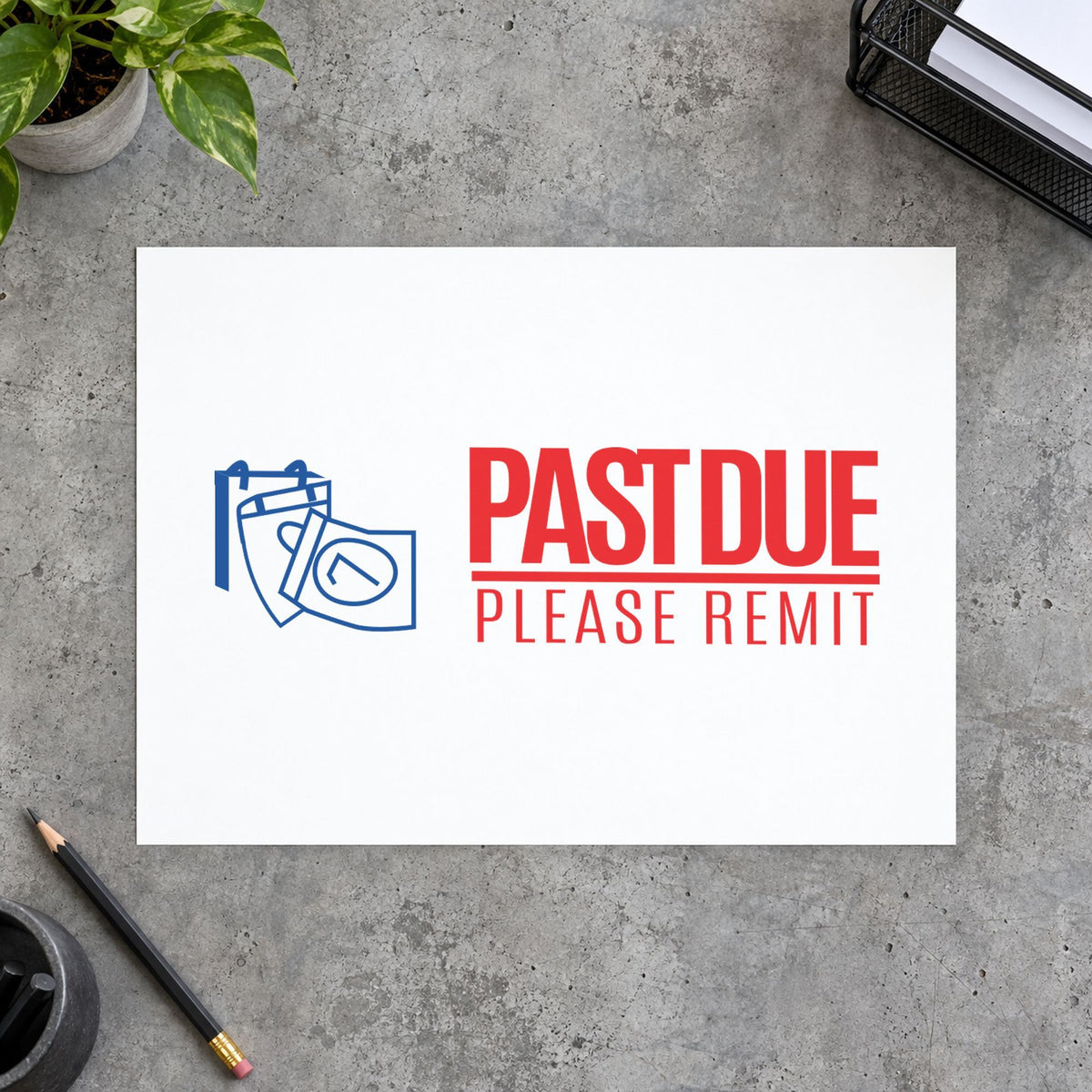 "Past due please remit" imprint sized 1/2 x 1-5/8 in on a document page