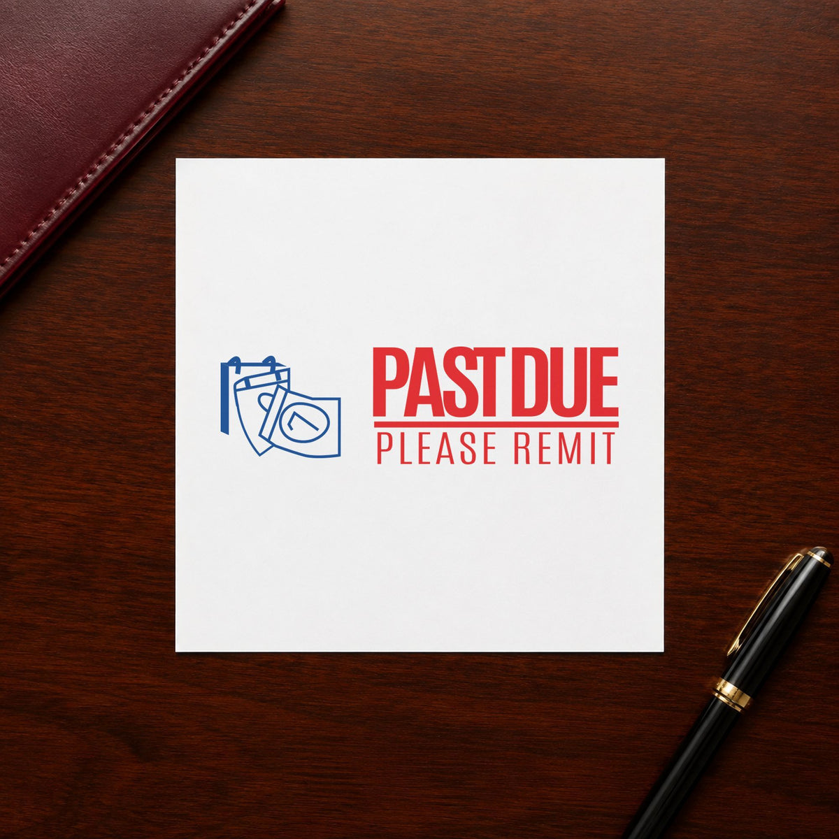 Pre-inked "Past due please remit" stamp marking paperwork in an office setting