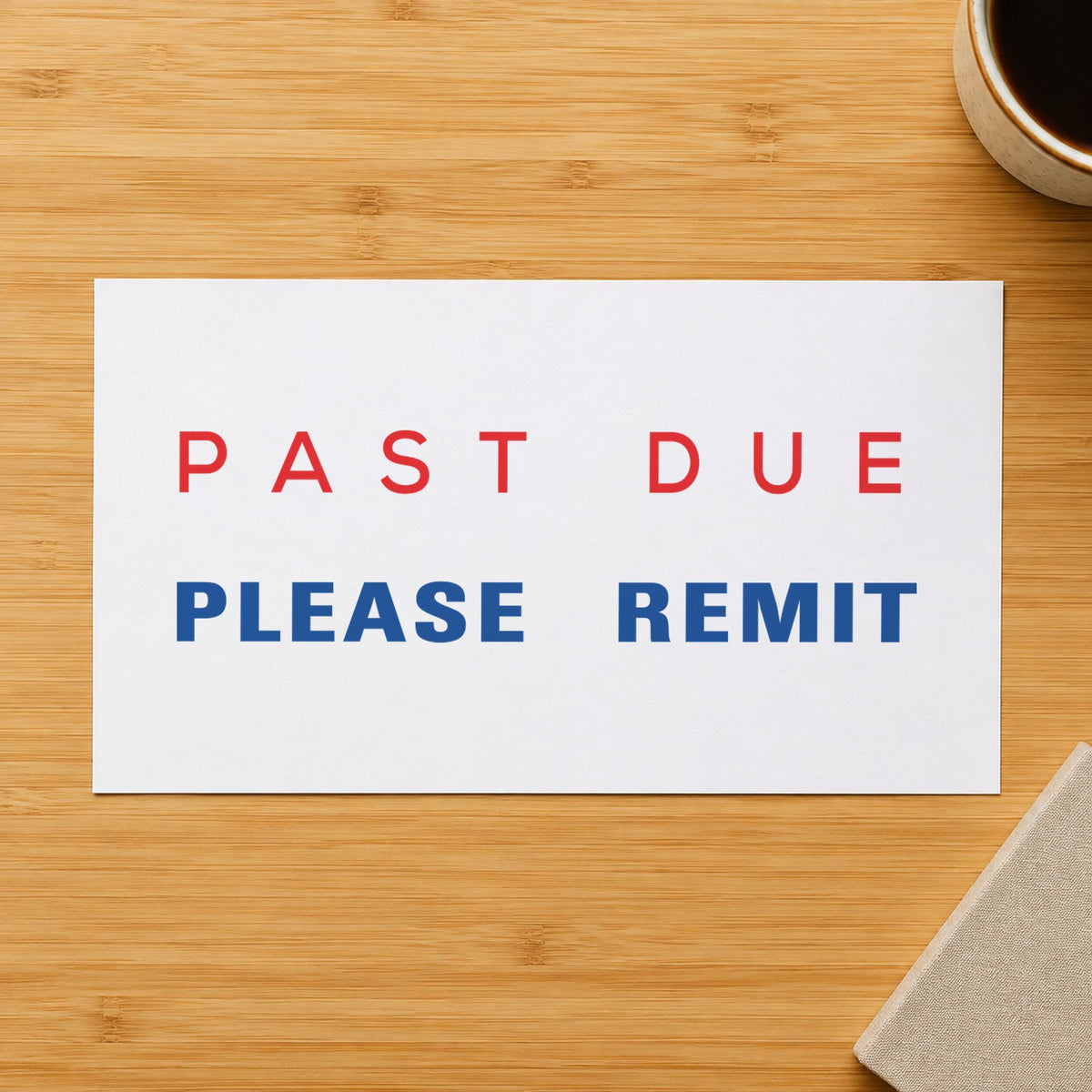 "Past due please remit" stamp pressed on paper, no separate ink pad needed