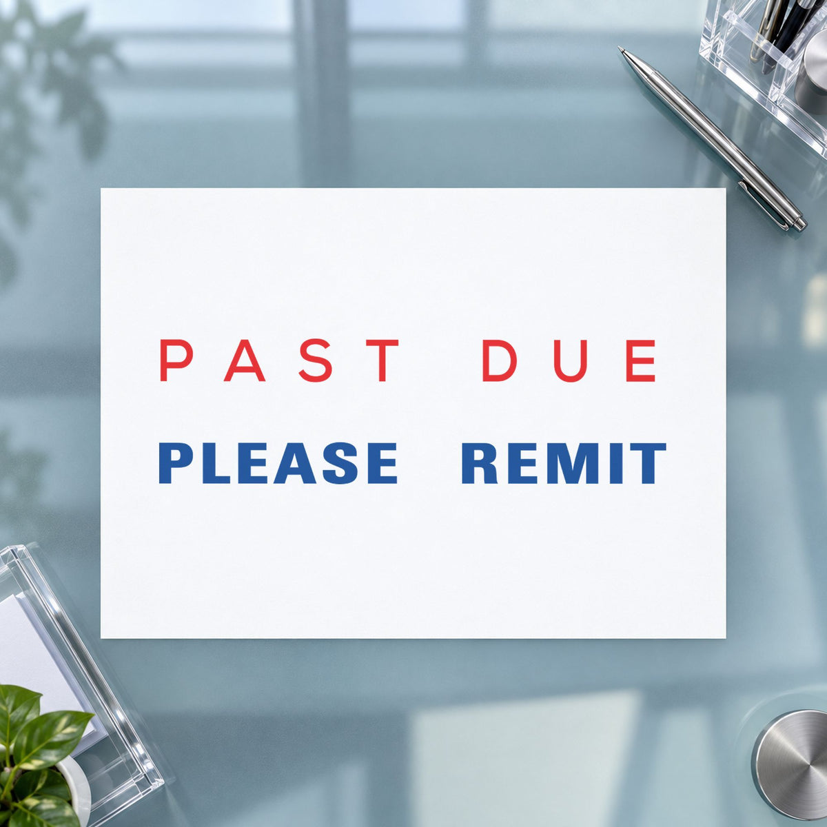 "Past due please remit" imprint sized Approximately 1/2 in tall x 1-5/8 in wide on a document page