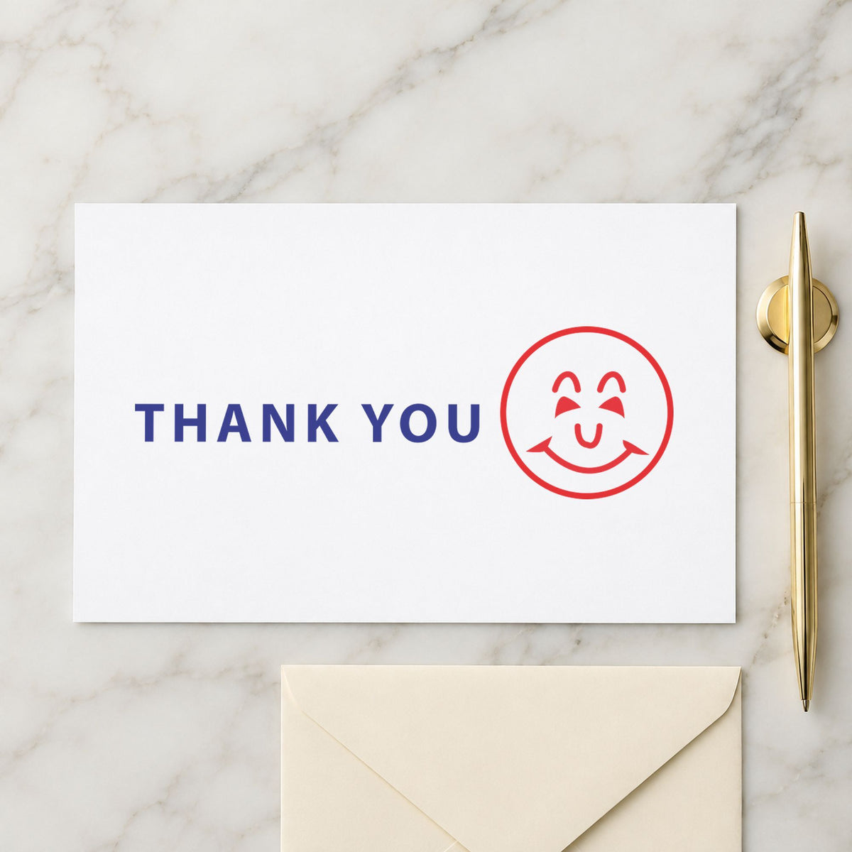 Pre-inked "Thank you" stamp marking paperwork in an office setting