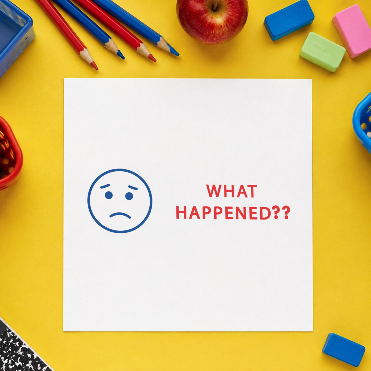 "What happened?" stamp pressed on paper, no separate ink pad needed