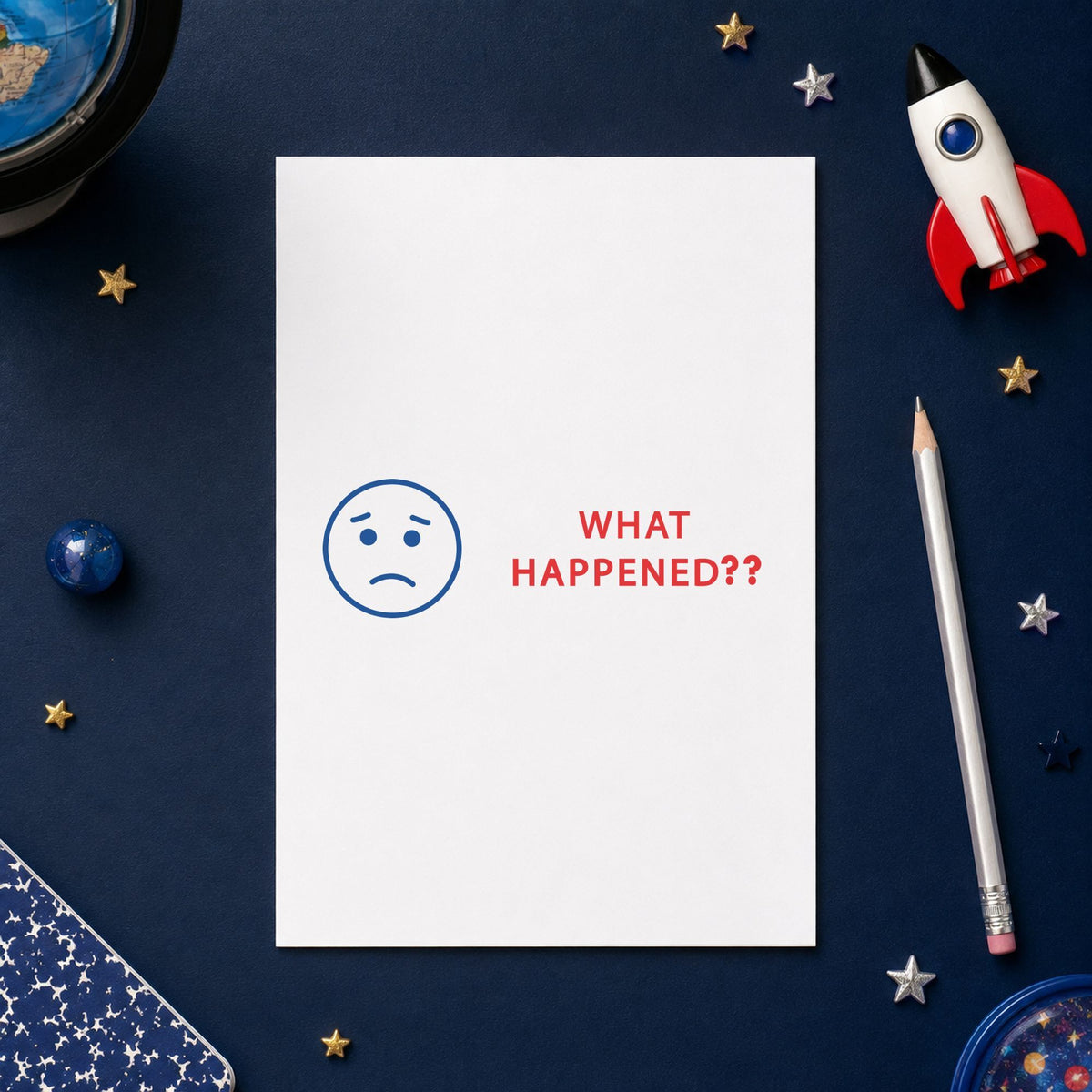 "What happened?" Xstamper pre-inked stamp beside its rectangle imprint