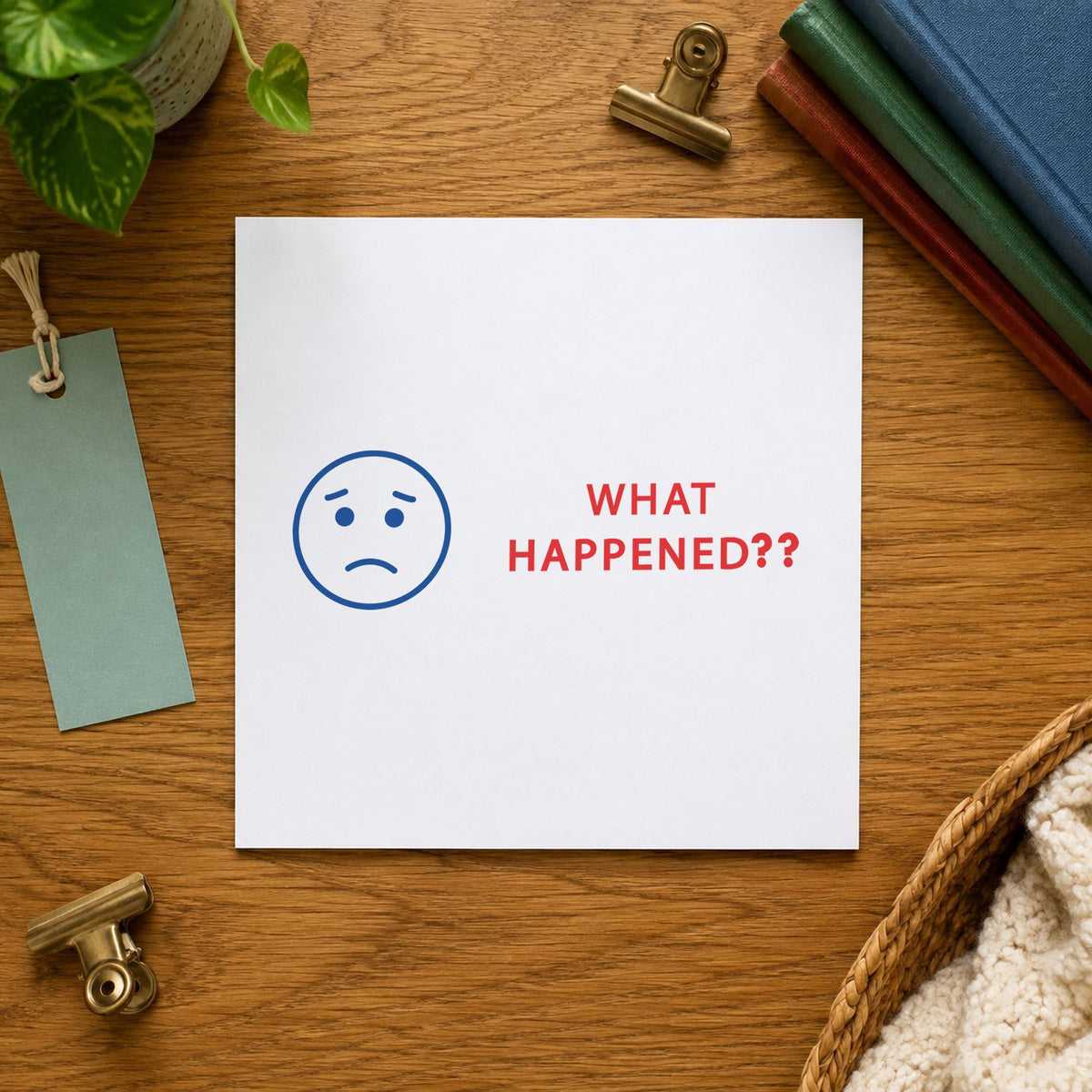 Pre-inked "What happened?" stamp marking paperwork in an office setting