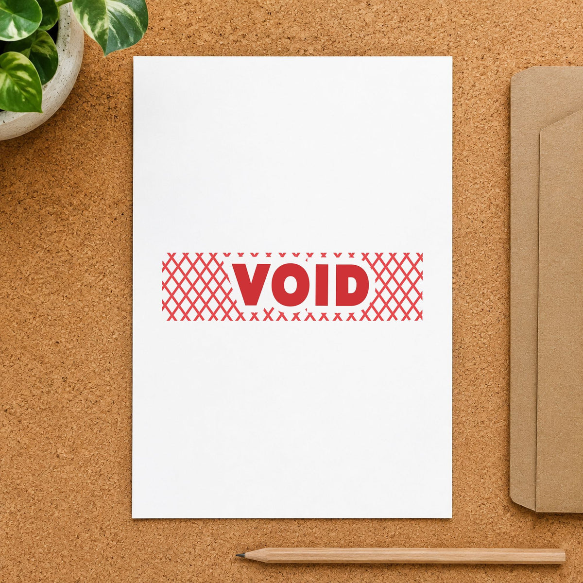 "Void" Xstamper pre-inked stamp beside its rectangle imprint