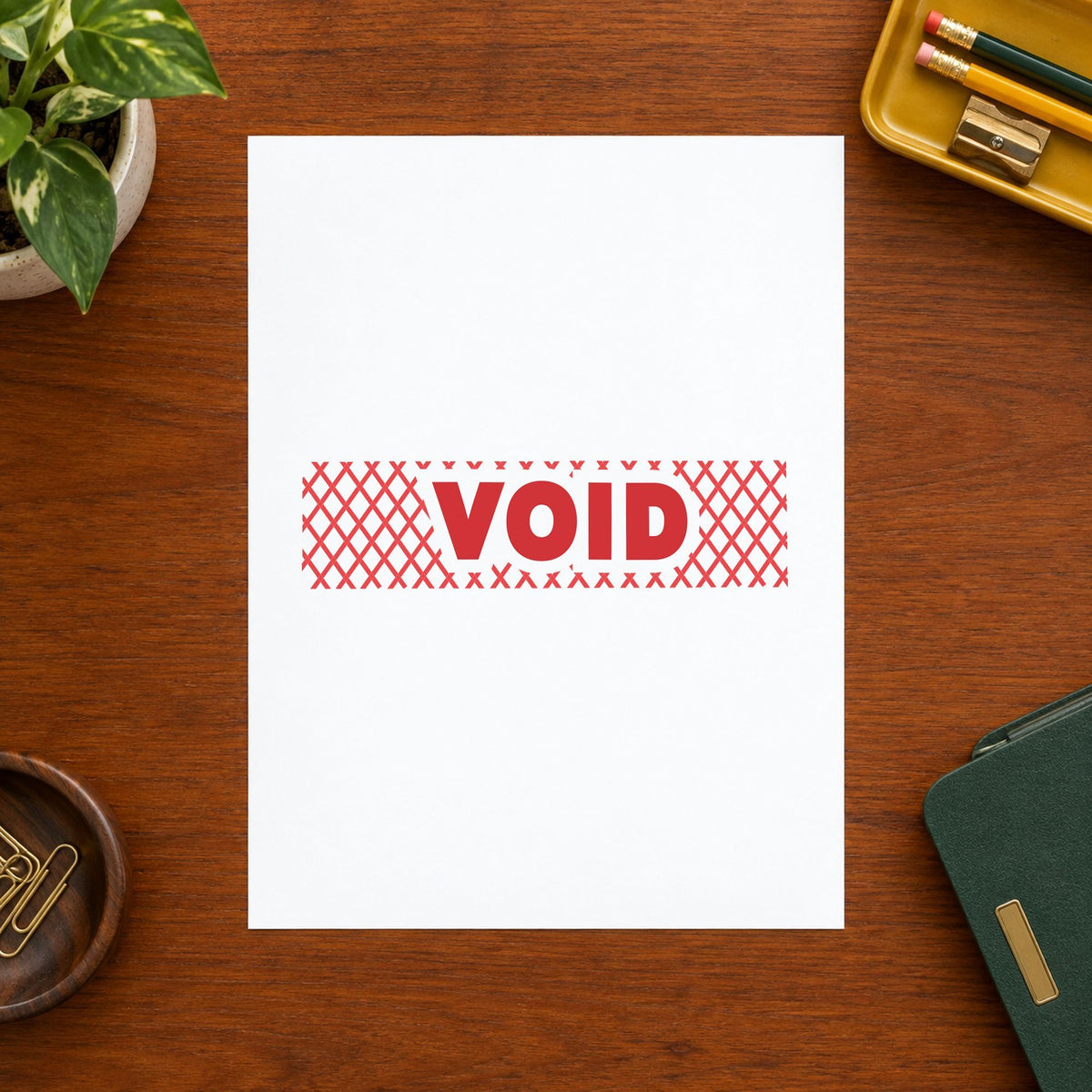 Pre-inked "Void" stamp marking paperwork in an office setting
