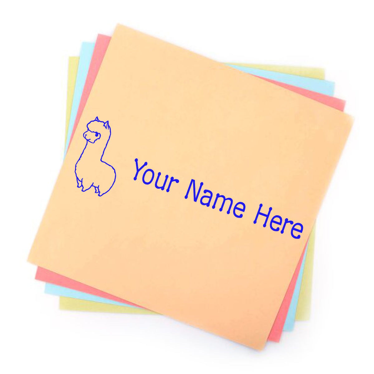 Custom blue llama name stamp on pastel peach, pink, blue and yellow seal sheets