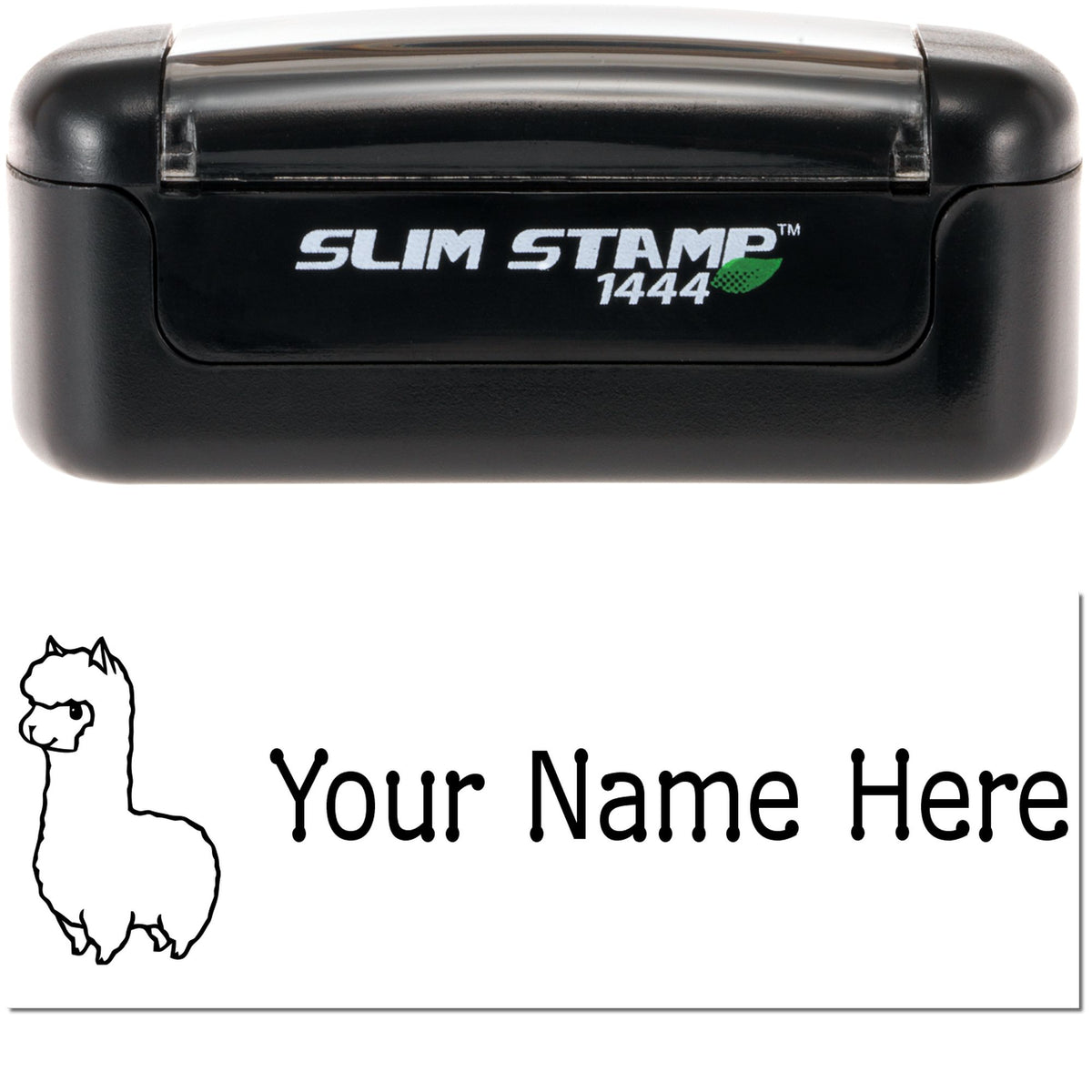 Black Slim Stamp 1444 self-inking stamp with llama seal design and Your Name Here on white background.