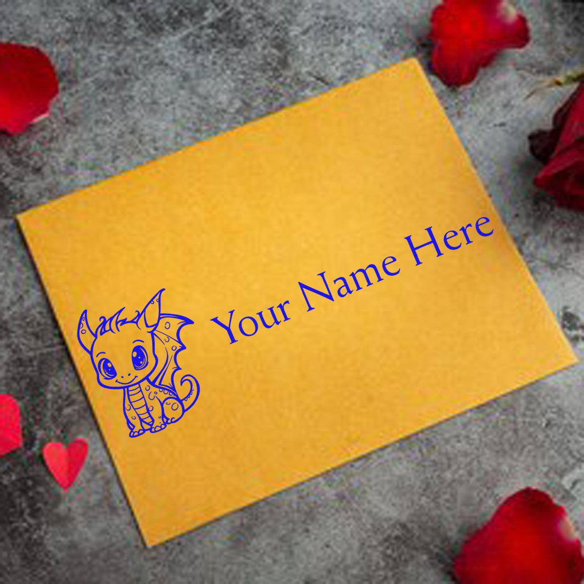 Yellow envelope with blue custom stamp seal, cartoon dragon, and Your Name Here on gray background with red rose petals.
