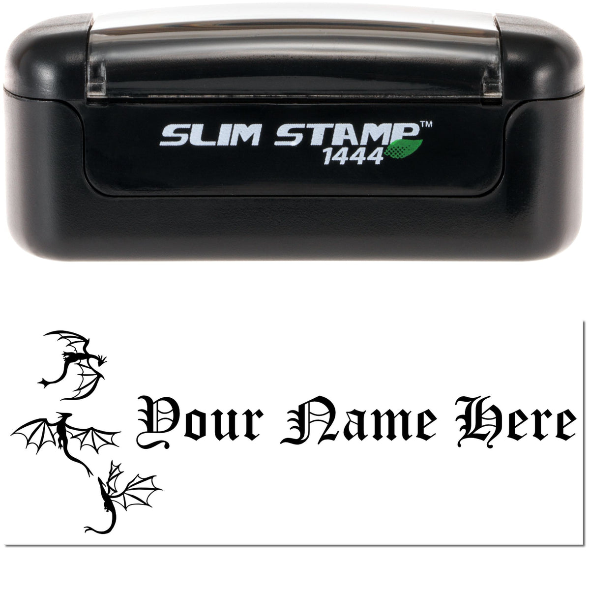 Black Slim Stamp 1444 self-inking seal stamp, black with white logo, showing custom gothic name text and dragon graphics.