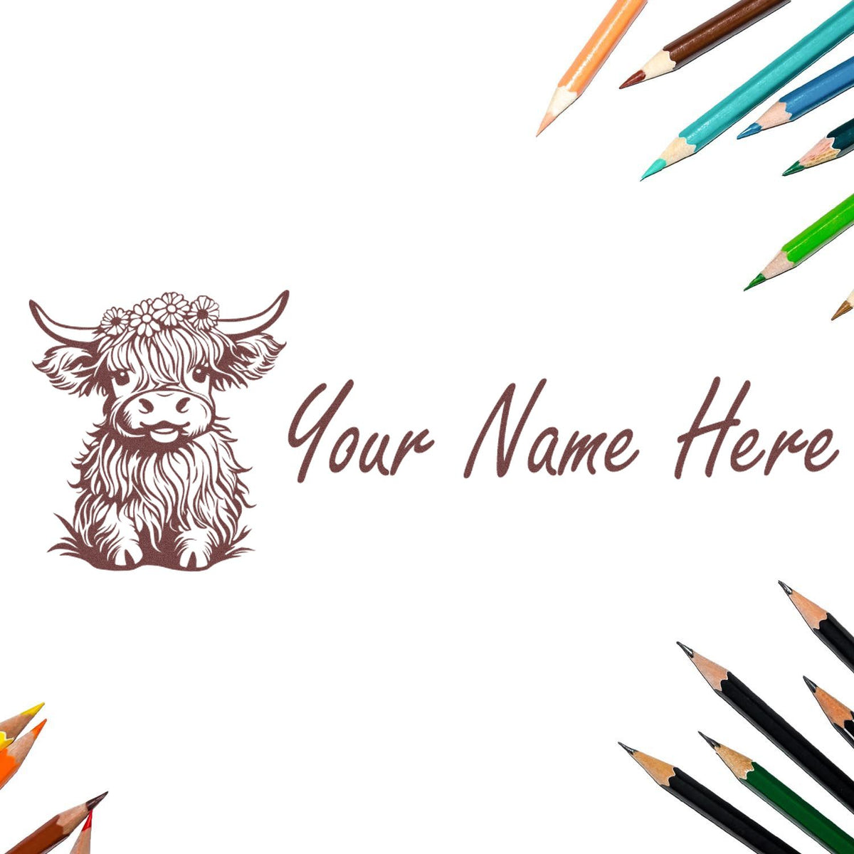 Personalized brown cow stamp seal design with floral horns and Your Name Here, framed by colorful pencils on a white background.