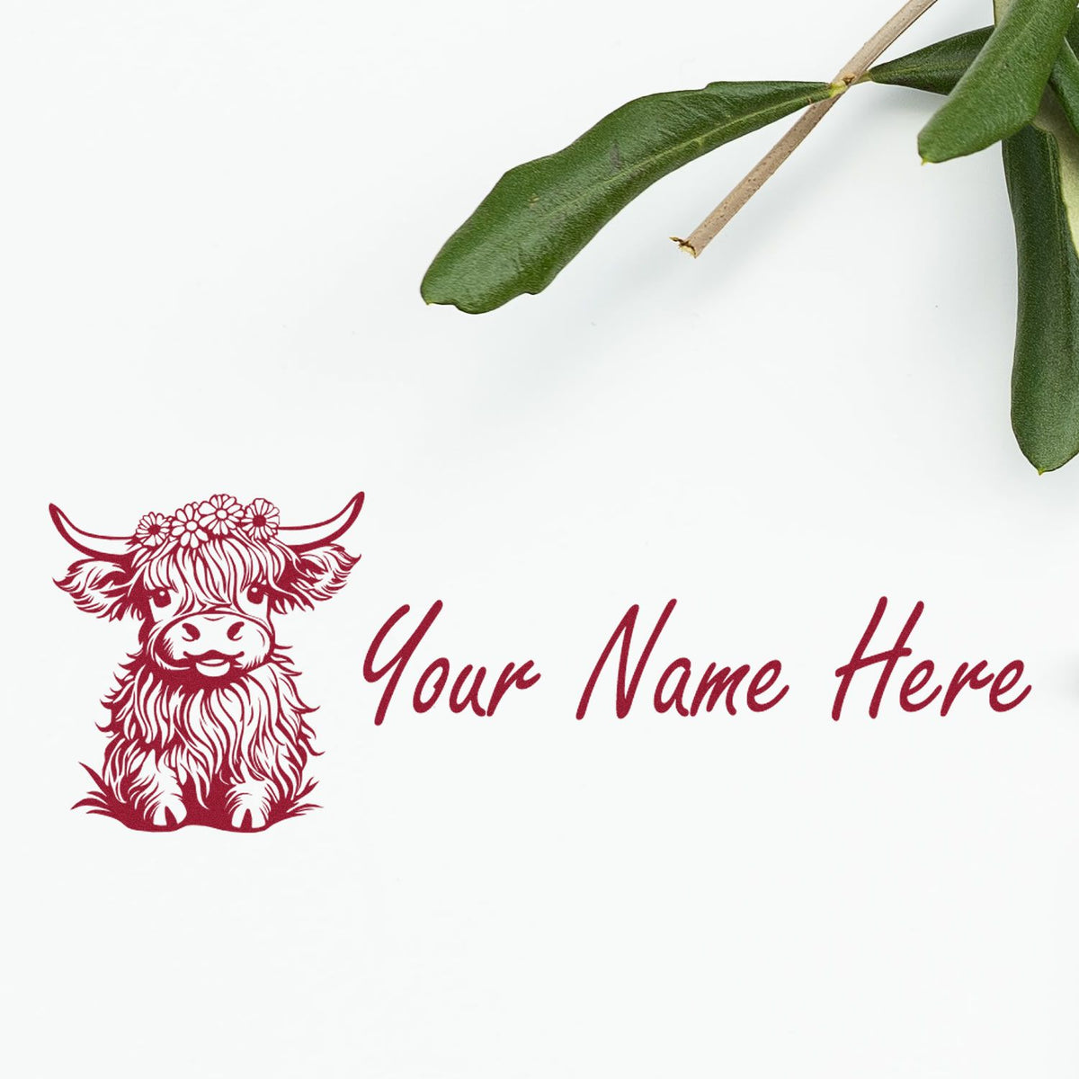 Burgundy custom stamp seal with Highland cow and floral design, reading Your Name Here, on white with green leaves.