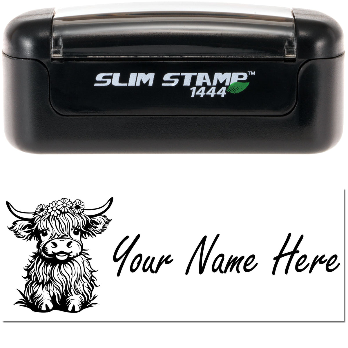 Black Slim Stamp 1444 self-inking stamp with a custom cow name seal and white branding on a white background.