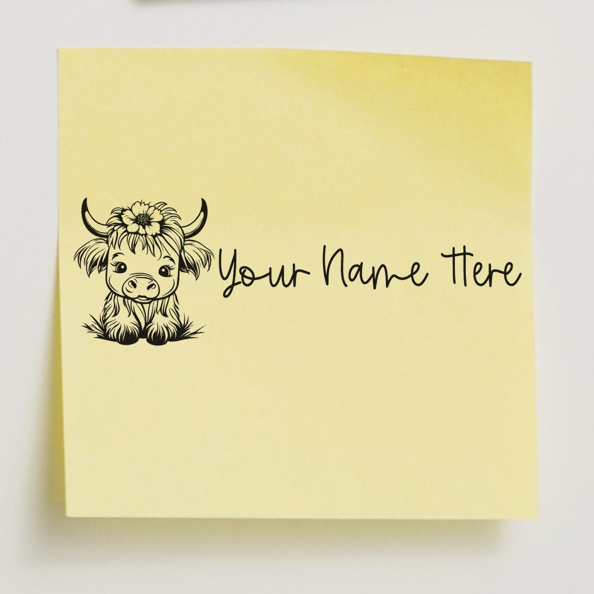 Pale yellow custom stamp and seal note with black cow illustration and Your Name Here text