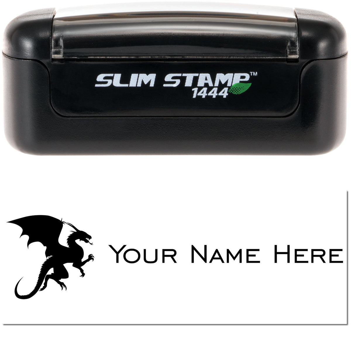 Black Slim Stamp 1444 self-inking stamp and custom seal design with dragon graphic and Your Name Here text on white background.