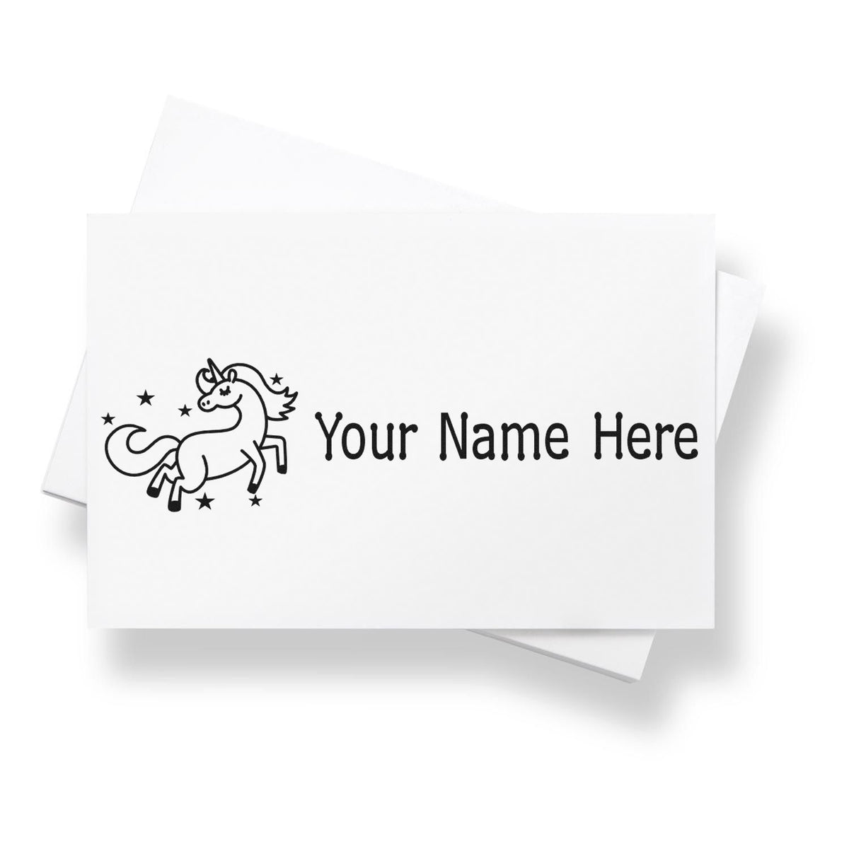 White personalized stamp and seal cards featuring a black unicorn, stars, and Your Name Here text on layered paper.